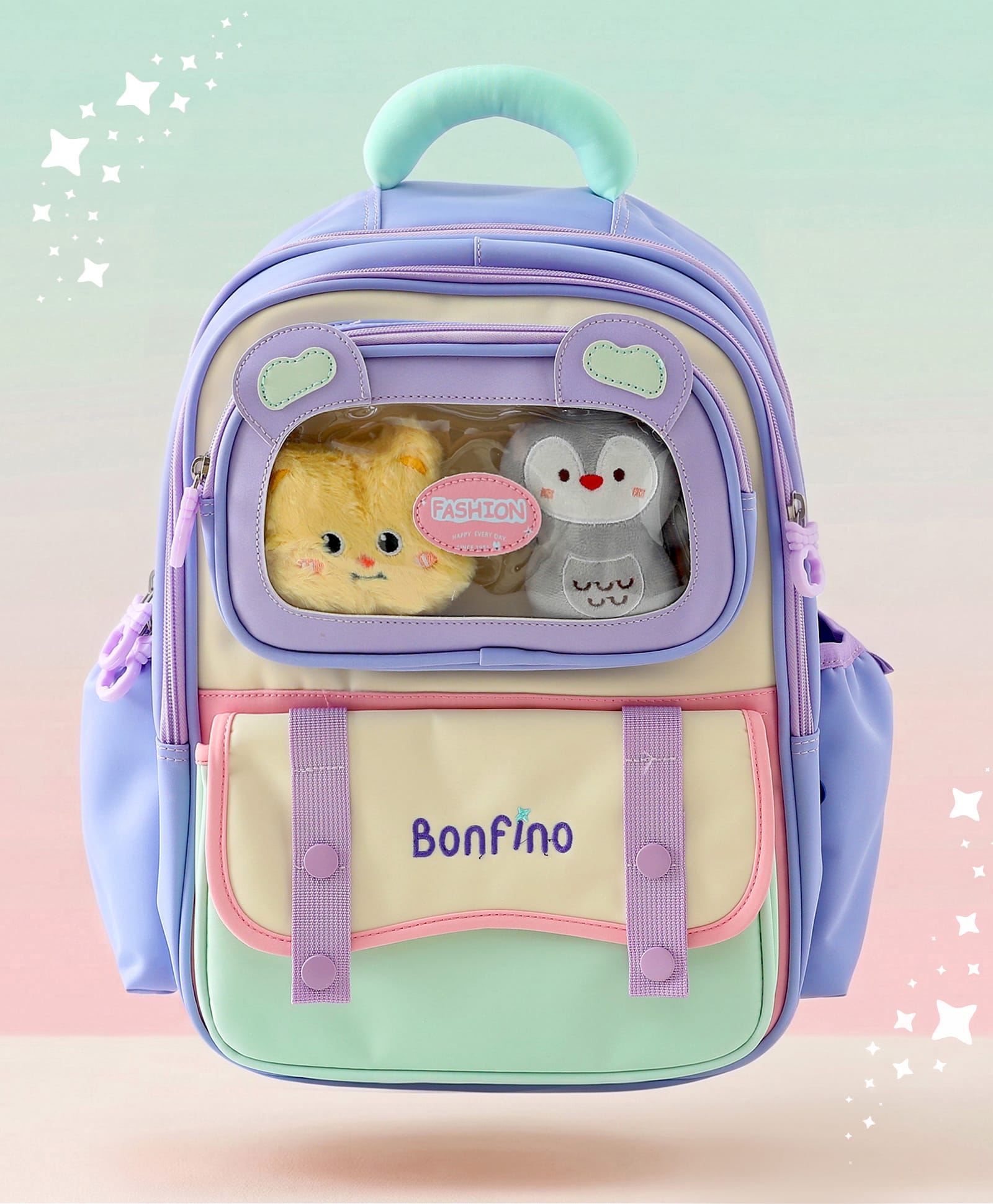 Bonfino Kids School Backpack with Plush Window, Bunny & Panda Soft Toys, 4 Compartments, 22L - Purple| Lightweight Polyester-Nylon| School Bag for Girls & Boys| Bottle Pouch-image-7