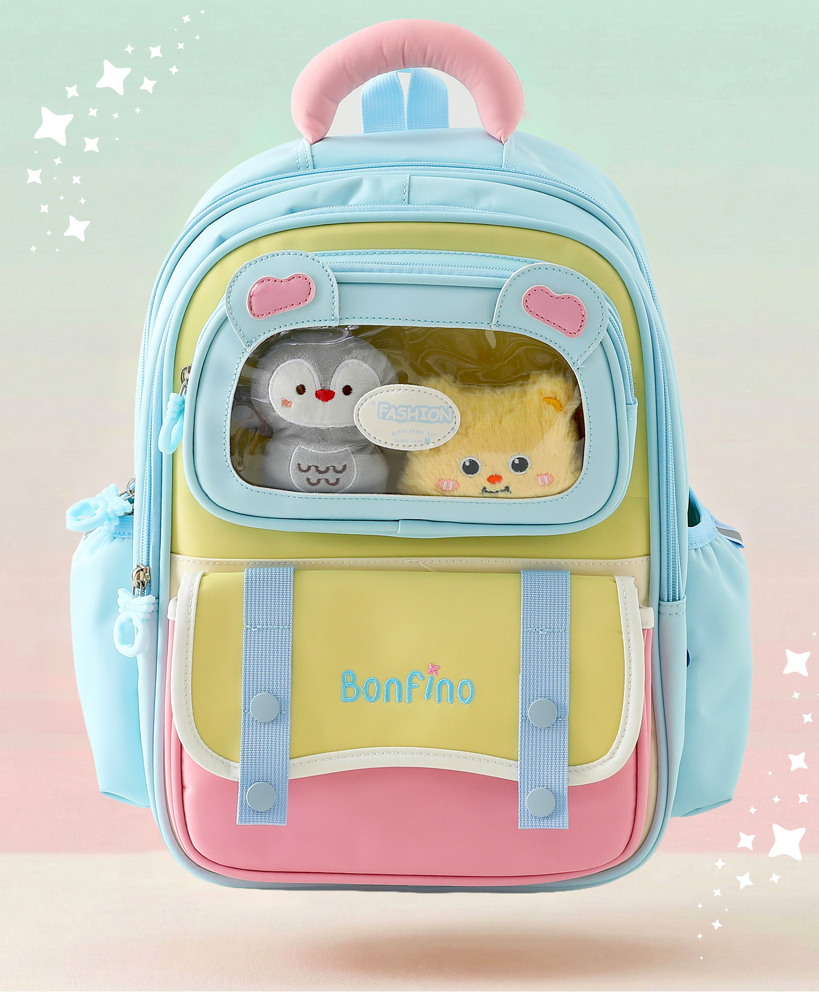 Bonfino Kids School Backpack with Plush Window, Bunny & Panda Soft Toys, 4 Compartments, 22L - Blue| Lightweight Polyester-Nylon| School Bag for Girls & Boys| Bottle Pouch-image-22