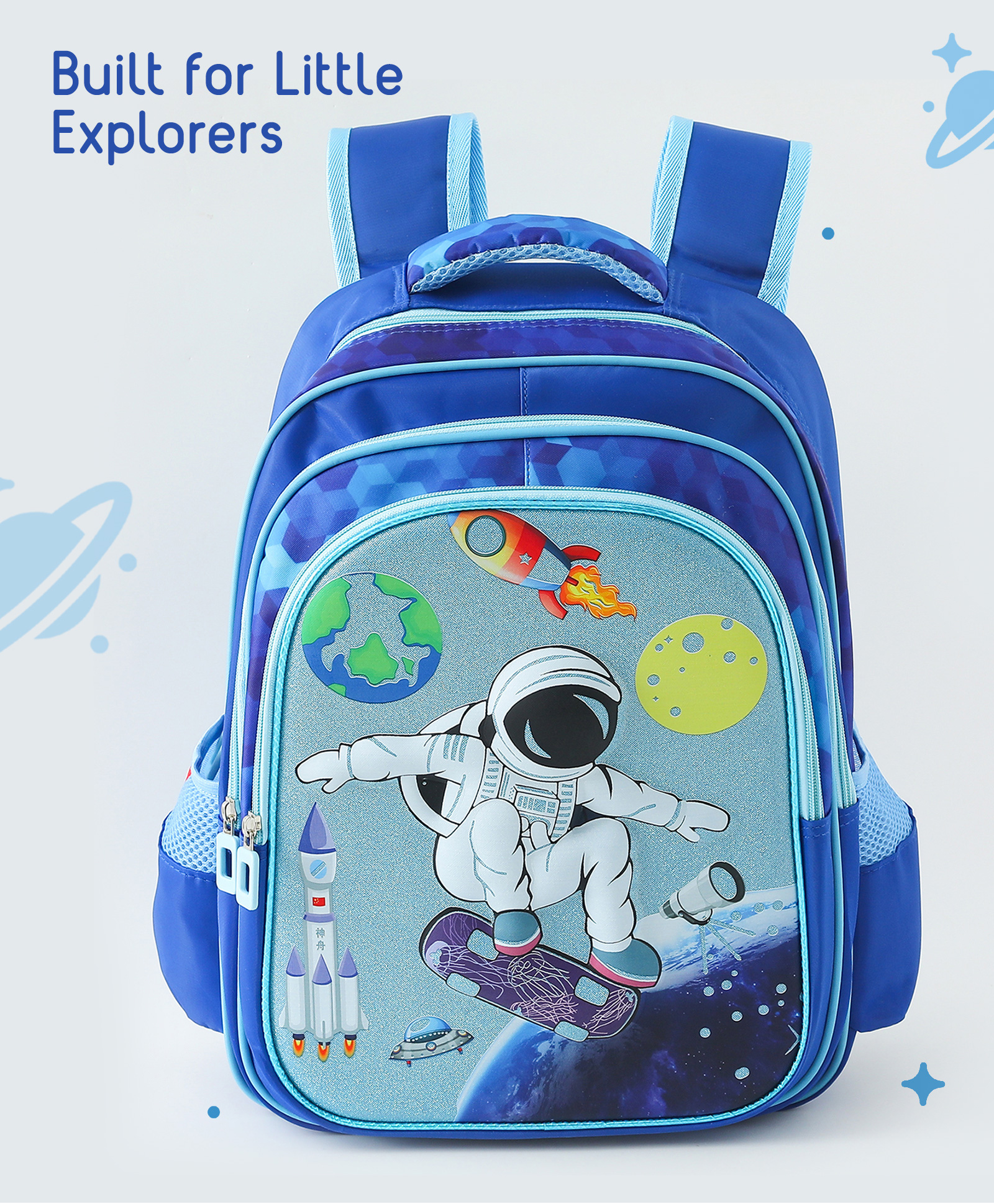 Babyhug Galaxy Rider School Backpack 21L - Blue| 3 Main Compartments, 2 Bottle Side Pockets| Adjustable & Padded Shoulder Straps| Water Resistant| Ideal for School, Travel & Exploration| 16 Inches-image-11