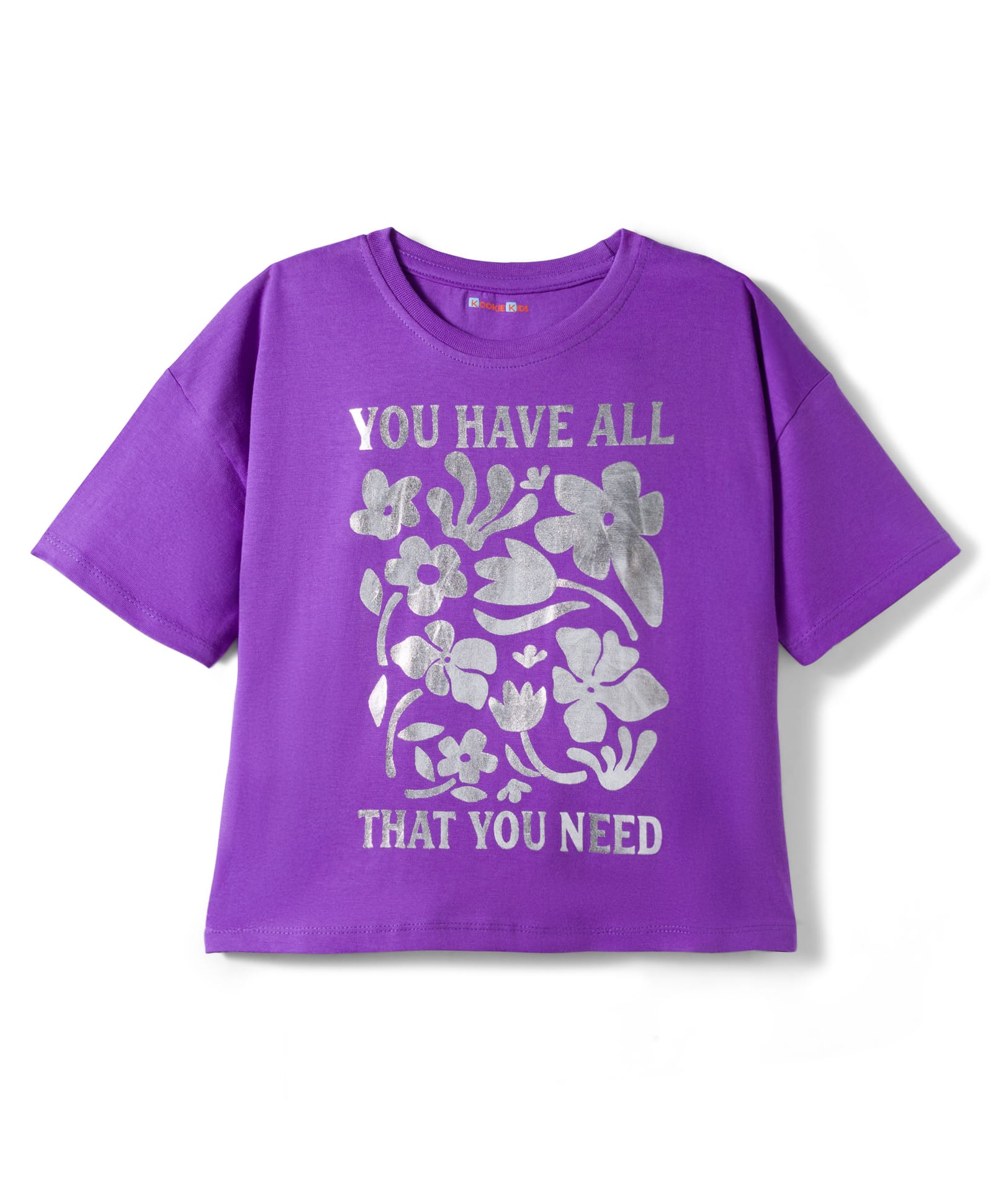 Kookie Kids Single Jersey Knit Drop Shoulder Half Sleeves T-Shirt with Floral Foil Print - Purple