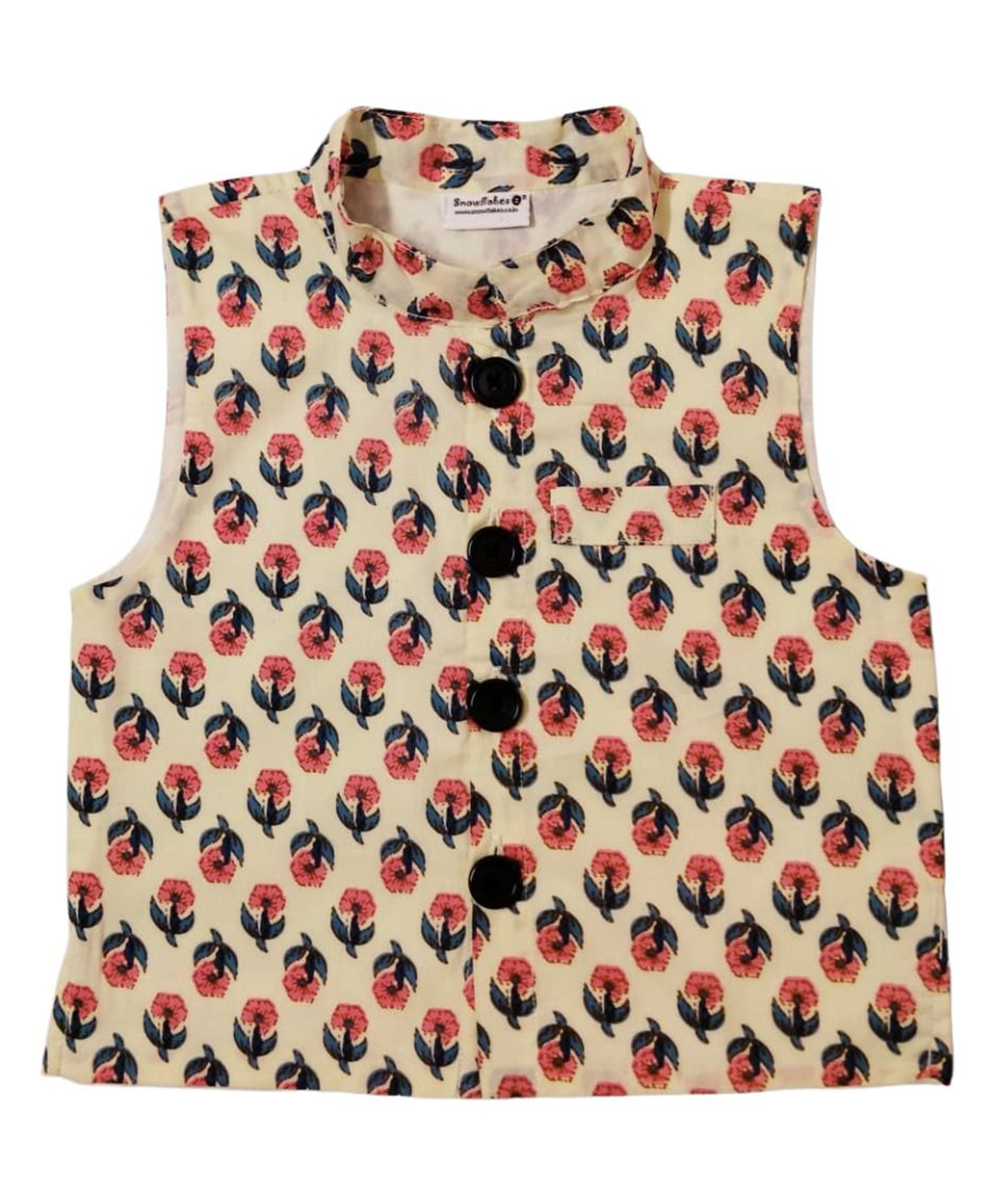 Snowflakes Cotton Woven Sleeveless Floral Motif Printed Jacket - Off White-picture-18