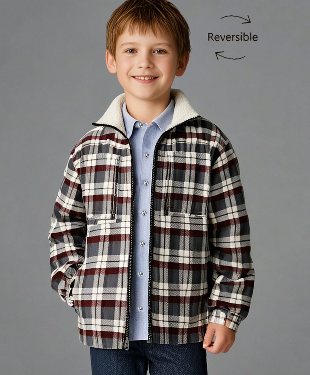 Cherry Crumble By Nitt Hyman Knit Full Sleeves Checked Reversible Unisex Jacket - Multi Colour-picture-11