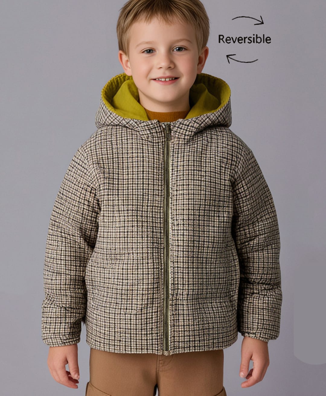 Cherry Crumble By Nitt Hyman Knit Full Sleeves Checked Reversible Unisex Hooded Winter Jacket - Multi Colour-picture-38
