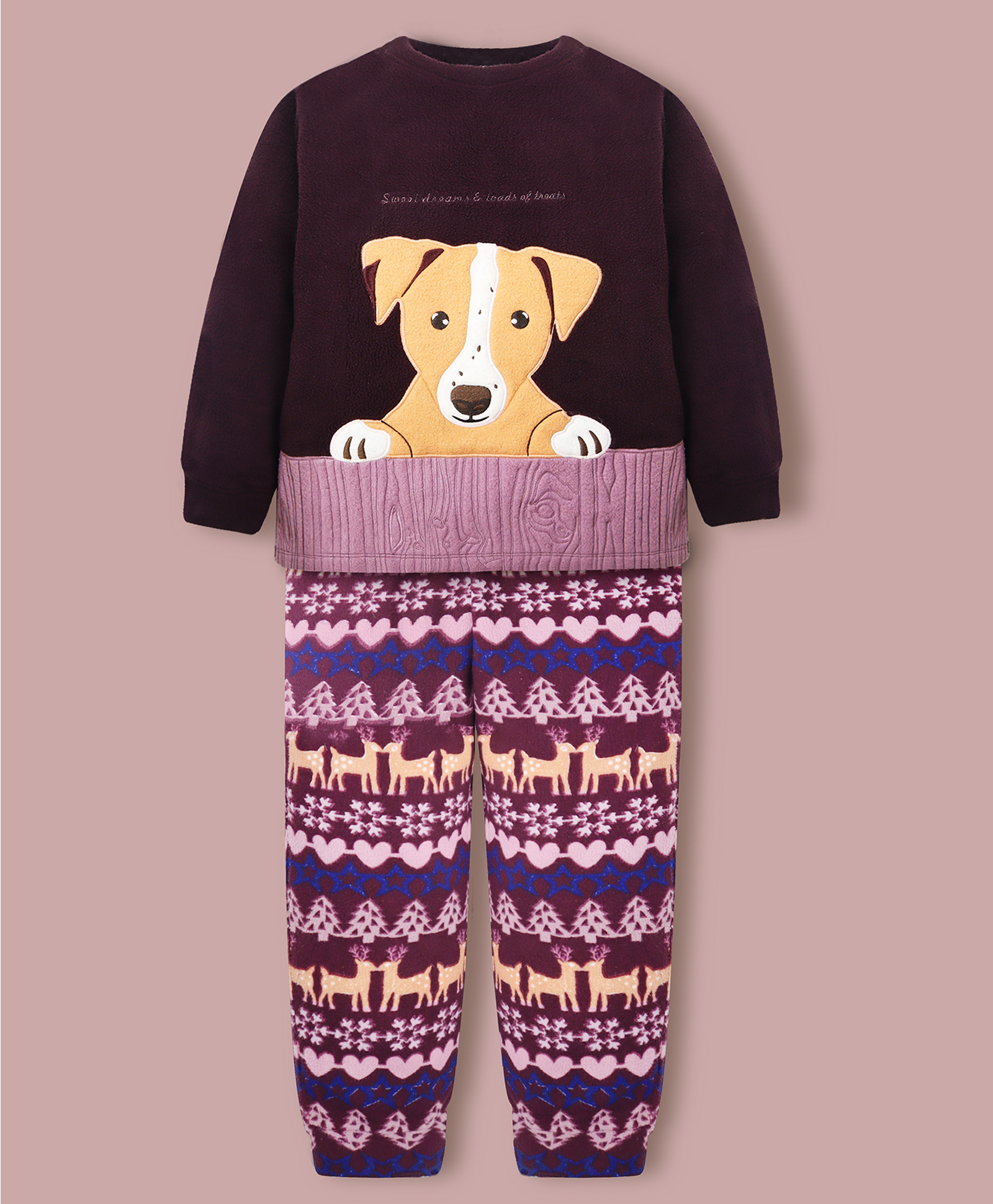 Cherry Crumble By Nitt Hyman Knit Christmas Theme Full Sleeves Dog & Reindeer Printed Unisex Winter Night Suit Set - Wine-picture-10