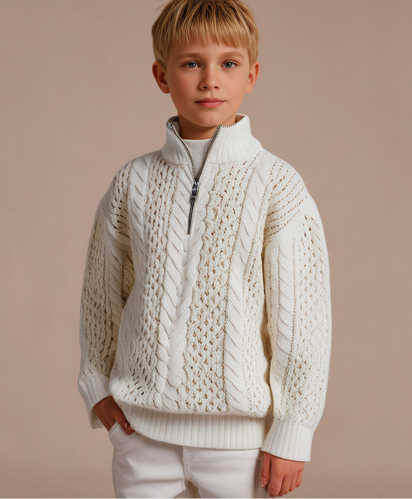 Cherry Crumble By Nitt Hyman Full Sleeves Cable Knit High Neck Unisex Winter Sweater - Cream-picture-12