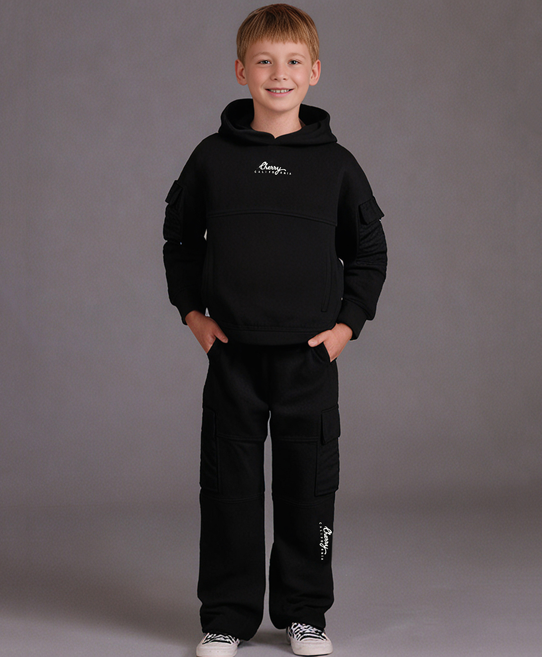 Cherry Crumble By Nitt Hyman Knit Full Sleeves Solid Unisex Winter Sweatshirt & Cargo Pants Set - Black-picture-10