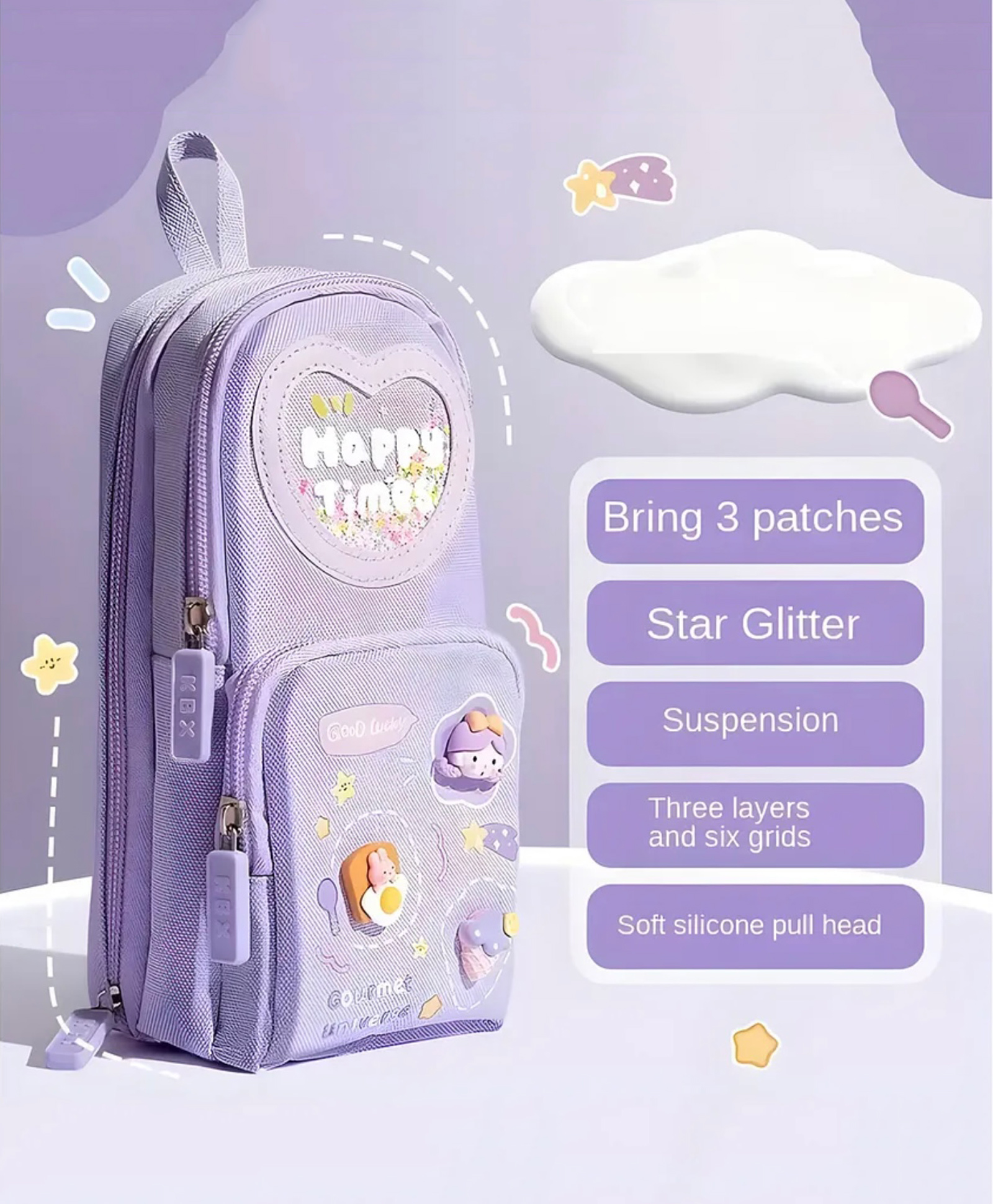 ARCADE TOYS Kawaii Pencil Case 3 Compartment Cute Pencil Case Aesthetic Pencil Case, Large Capacity Pen Pencil Pouch Multifunctional Stationery Organizer for School, Office - Pack Of1- Color Lavender-image-23
