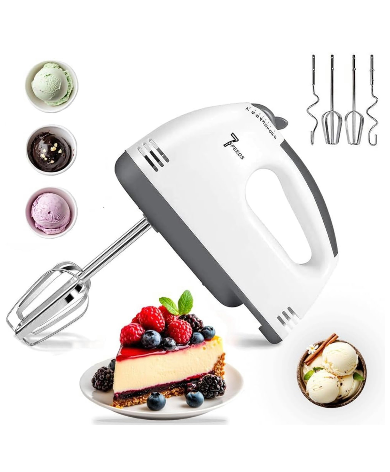 ARCADE TOYS Powerful 260W electric hand mixer with 7-speed control, stainless steel beaters & dough hooks ideal for mixing, whipping, kneading, and baking. (White)-image-49