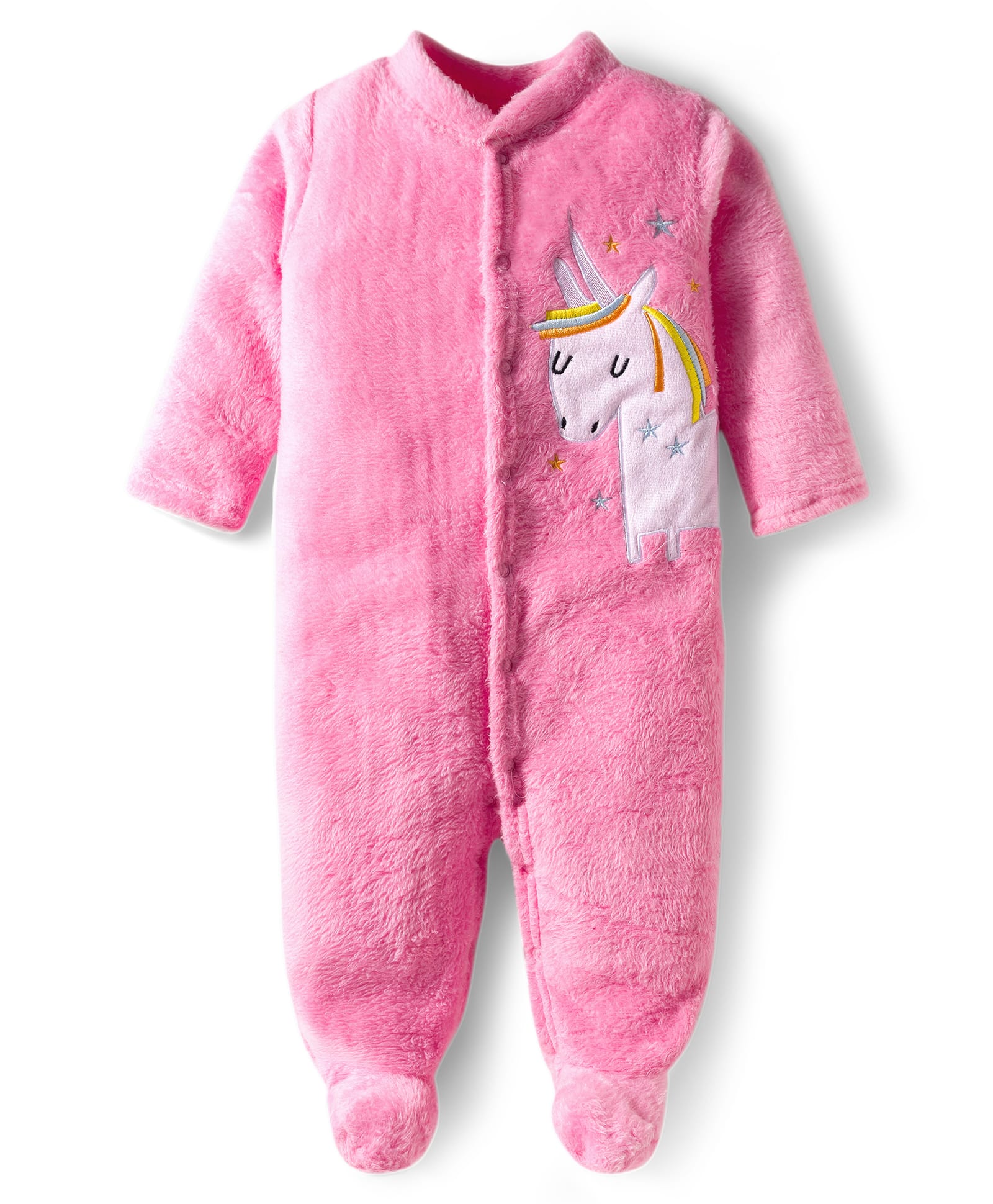 Babyhug Velour Knit Full Sleeves Footed Sleepsuit With Unicorn Embriodery - Pink