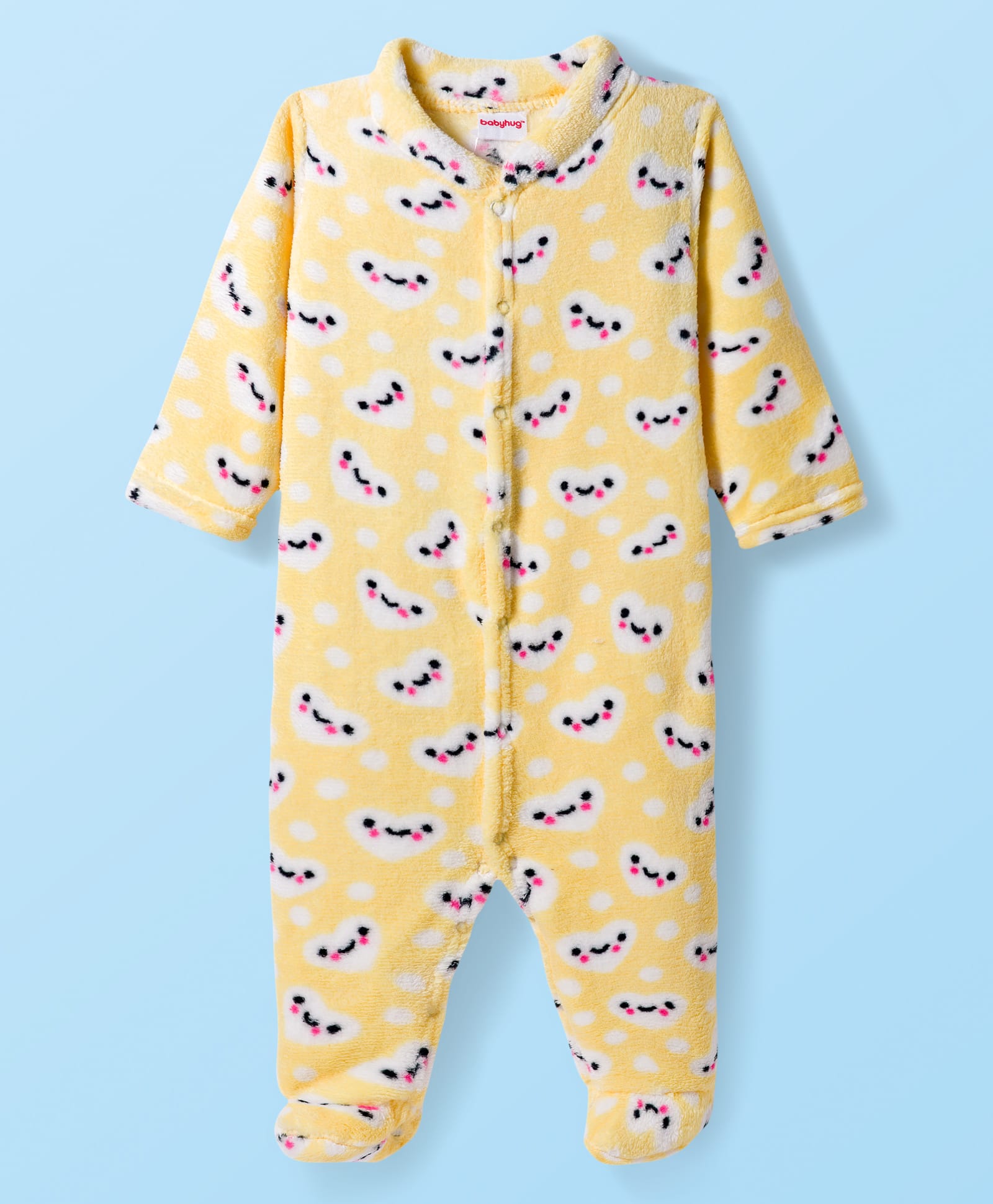 Babyhug Velour Knit Full Sleeves Winter Wear Footed Sleepsuit With Bunny Print - Yellow