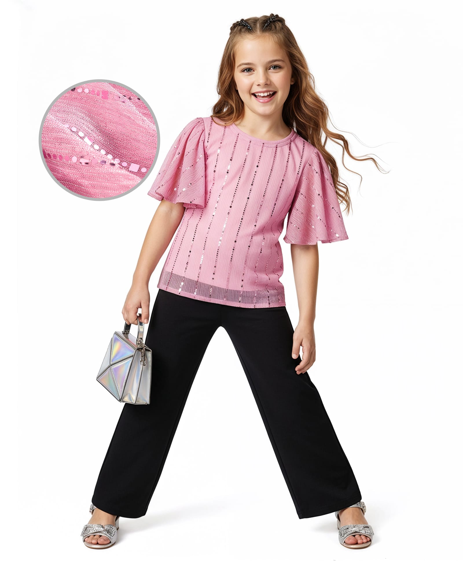 Hola Bonita Knit Half Sleeves Shimmer Party Top & Pant Set - Pink & Black-image-42