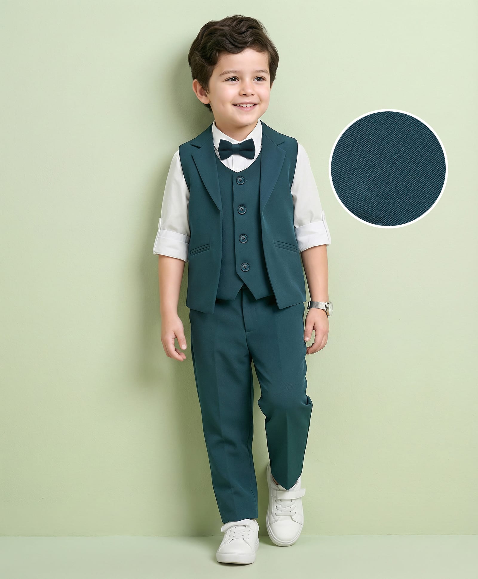 Mark & Mia Cotton Woven Full Sleeves Solid 3 Piece Party Suit With Bow - Teal Blue-picture-24
