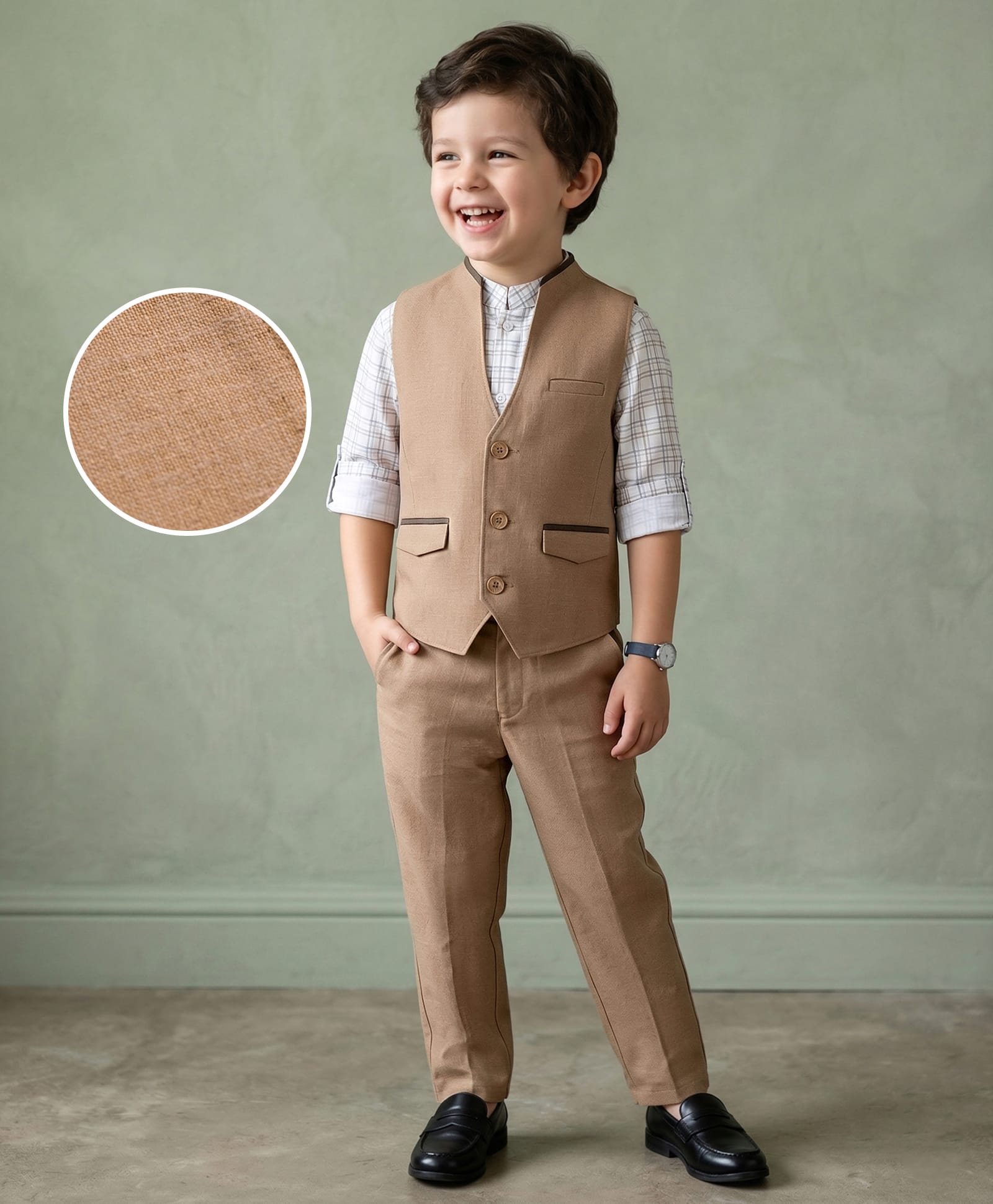 Mark & Mia Cotton Woven Full Sleeves Checks 3 Piece Party Suit With Bow - Tan & White-picture-26