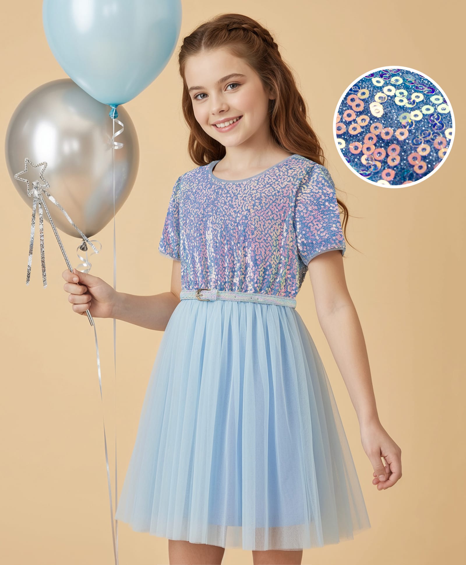 Hola Bonita Knit Half Sleeves Glitter Mesh Party Dress With Sequinned Yoke & Belt - Light Blue-image-25