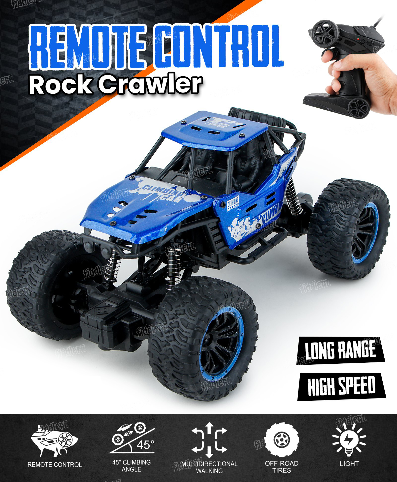 Fiddlerz Remote Control Car for Kids Rock Crawler 2WD Monster Truck Offroad High Speed Climbing Toy Vehicle Car for Boys & Girls - Blue-picture-17