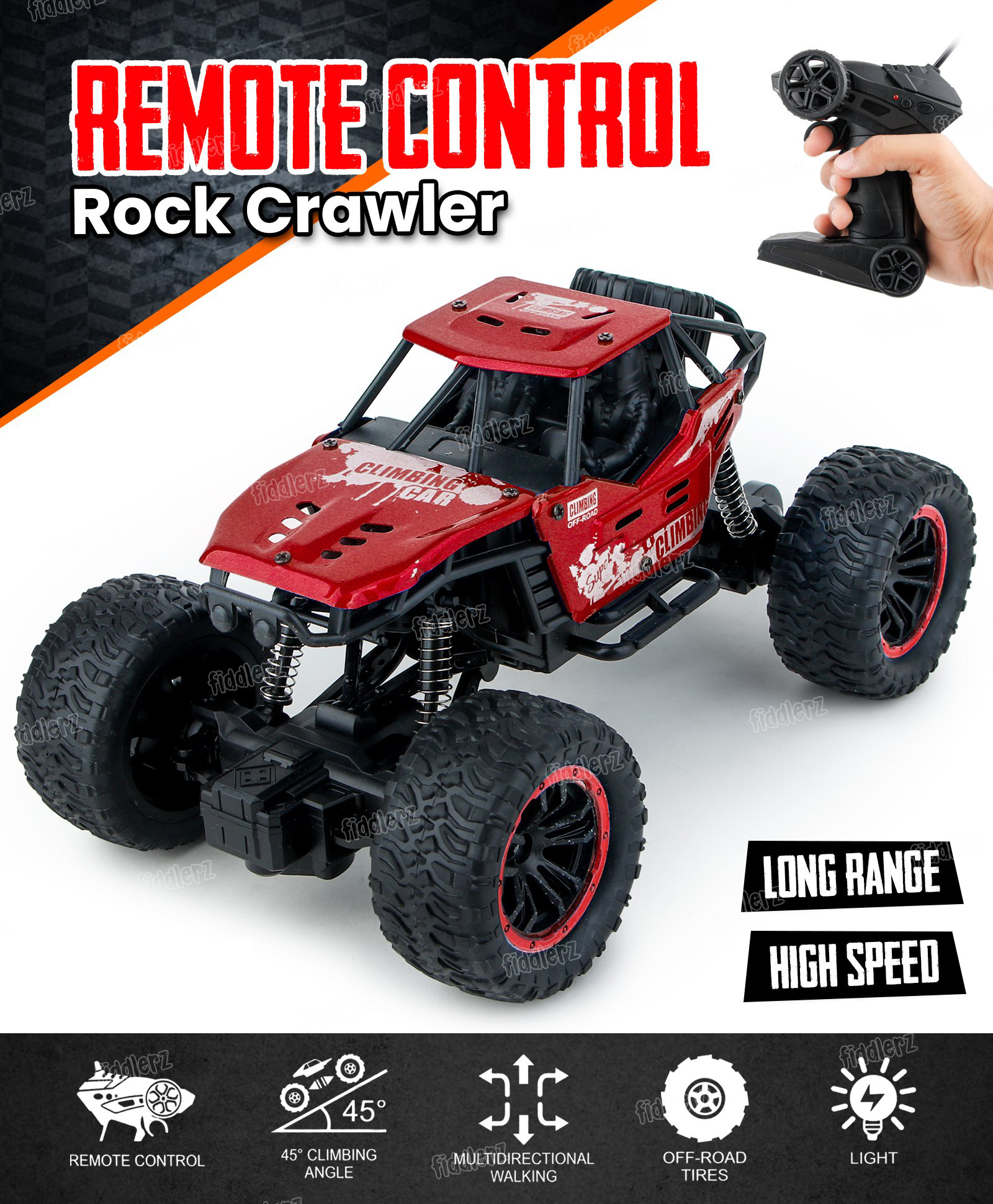 Fiddlerz Remote Control Car for Kids Rock Crawler 2WD Monster Truck Offroad High Speed Climbing Toy Vehicle Car for Boys & Girls - Red-picture-30