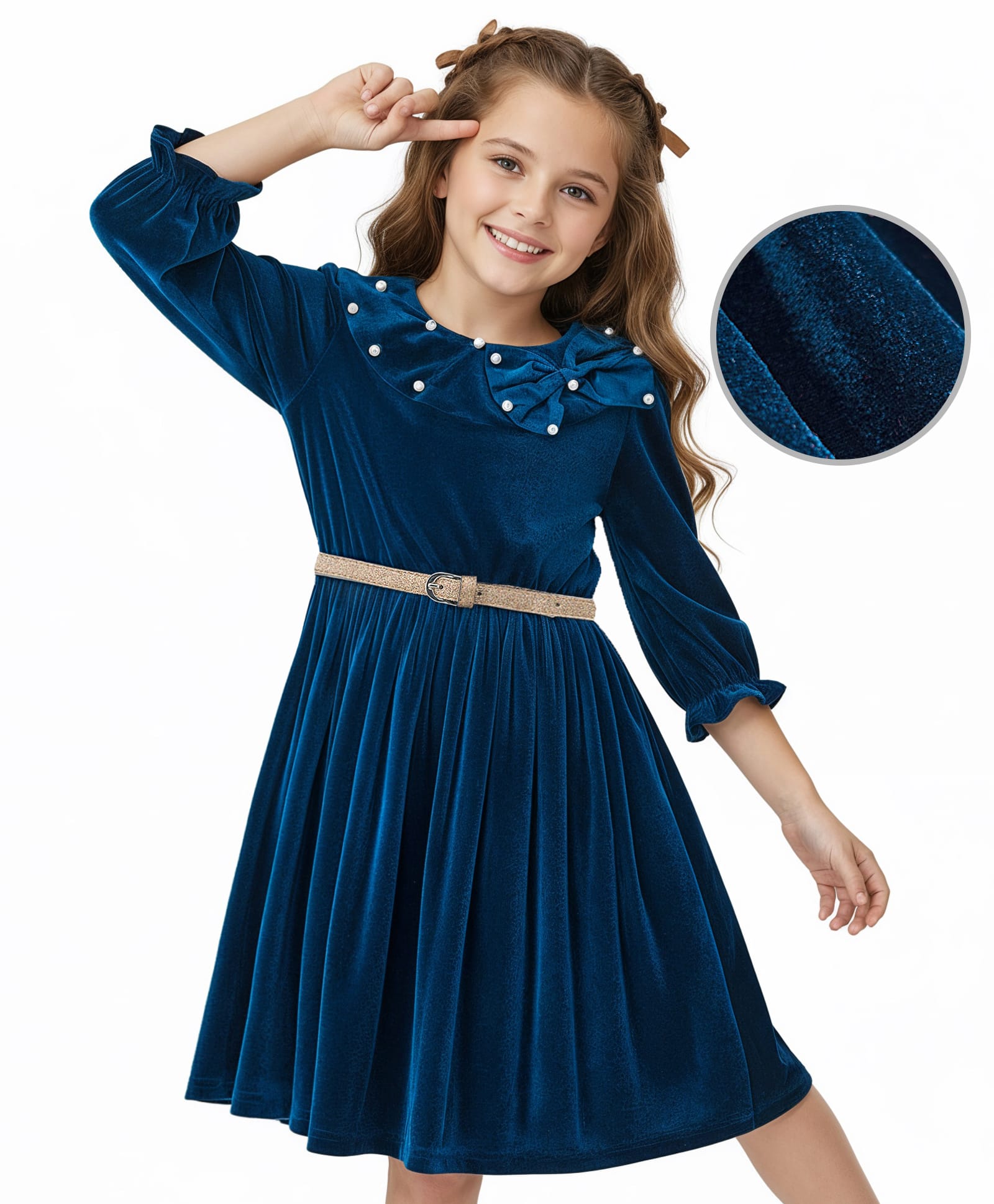 Hola Bonita Knit Three Fourth Sleeves Velvet Party Dress With Pearl Highlighting On Collar & Belt - Teal Blue-image-16