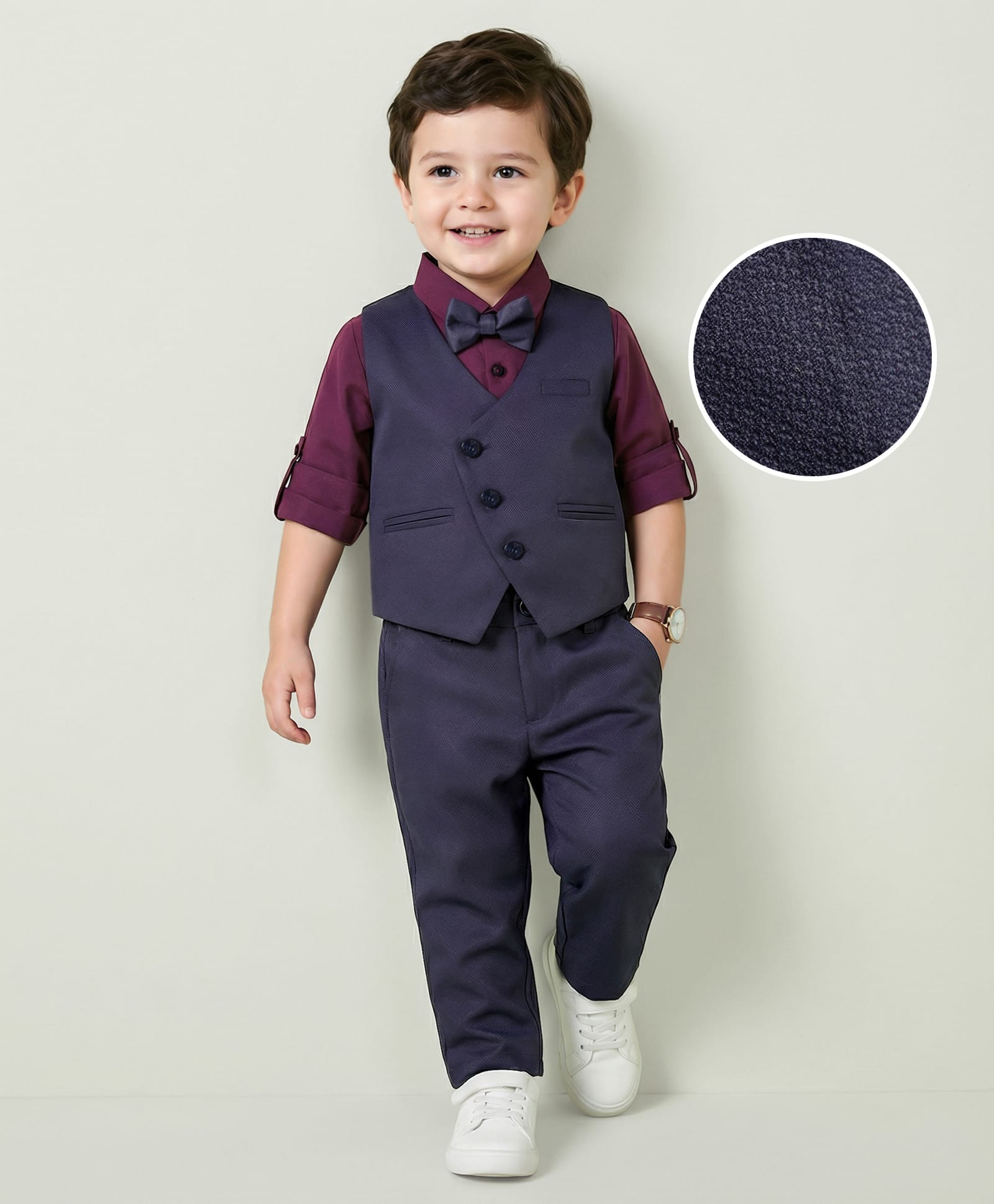 Mark & Mia Cotton Woven Full Sleeves Solid 3 Piece Party Suit With Bow - Navy Blue-picture-12