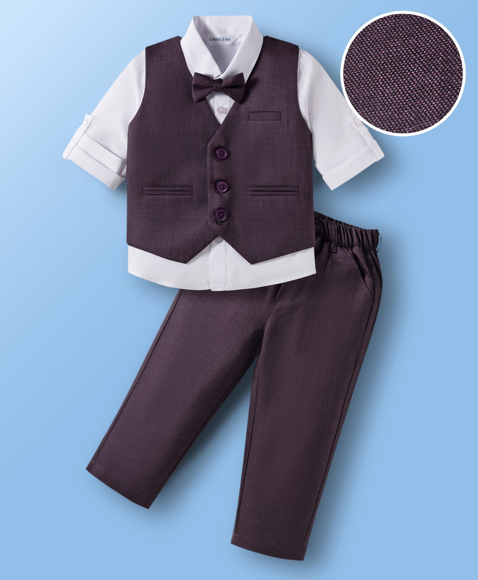 Mark & Mia Cotton Woven Full Sleeves Solid 3 Piece Party Suit With Bow - Wine & White-picture-14