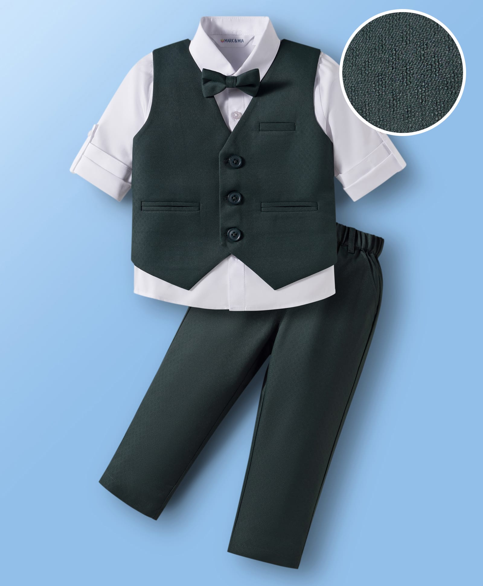 Mark & Mia Cotton Woven Full Sleeves Solid 3 Piece Party Suit With Bow - Dark Green & White-picture-13