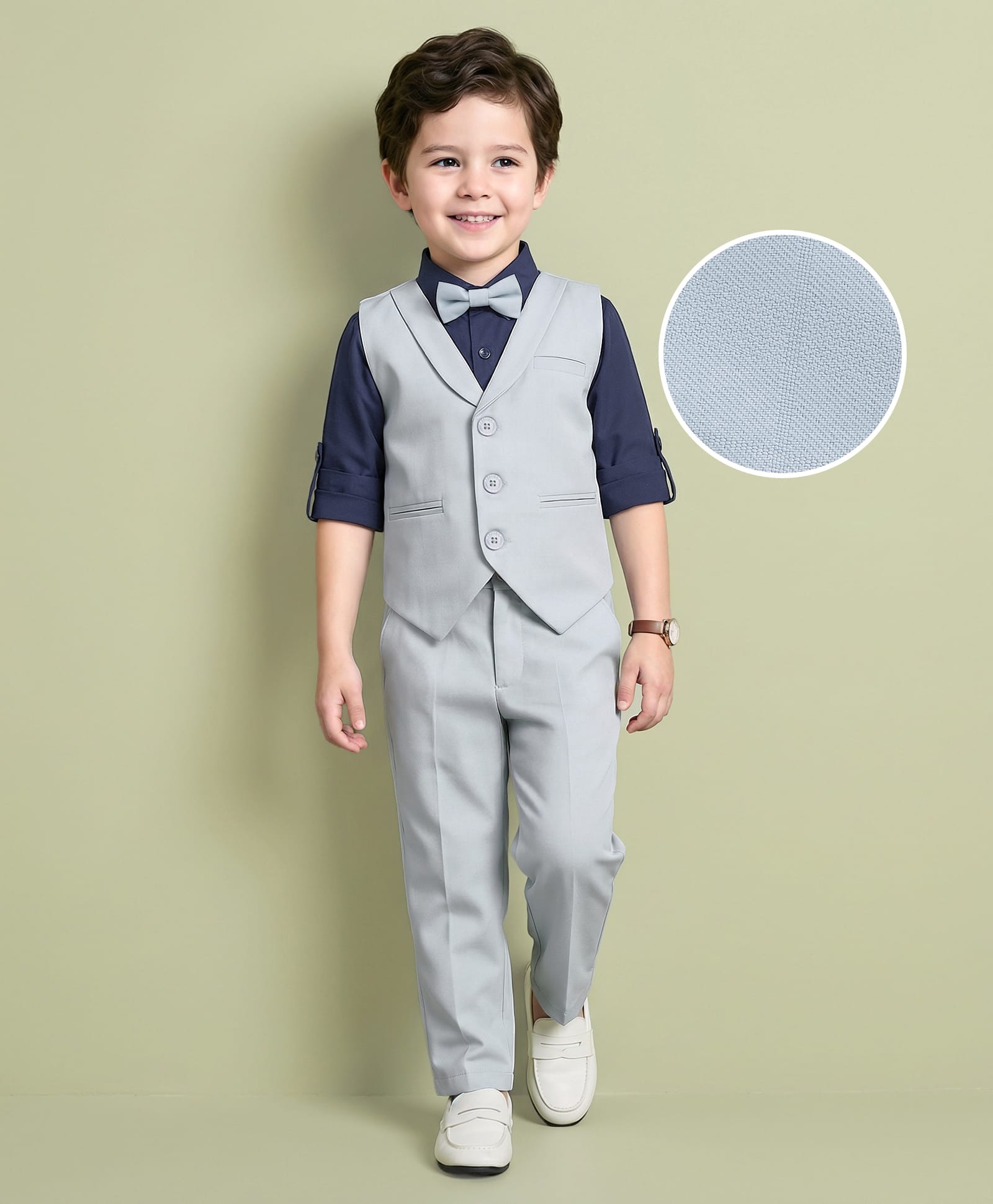 Mark & Mia Cotton Woven Full Sleeves Solid 3 Piece Party Suit With Bow - Light & Navy Blue-picture-10