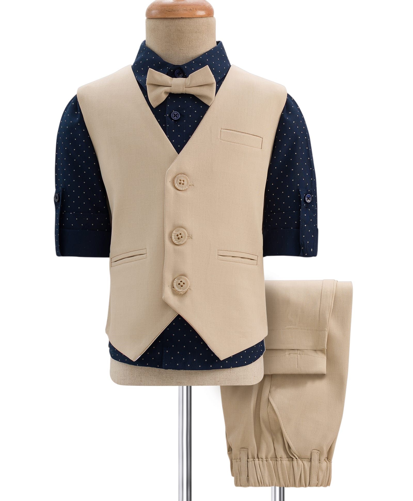 Mark & Mia Cotton Woven Full Sleeves Polka Dot Printed 3 Piece Party Suit With Bow - Tan-picture-35