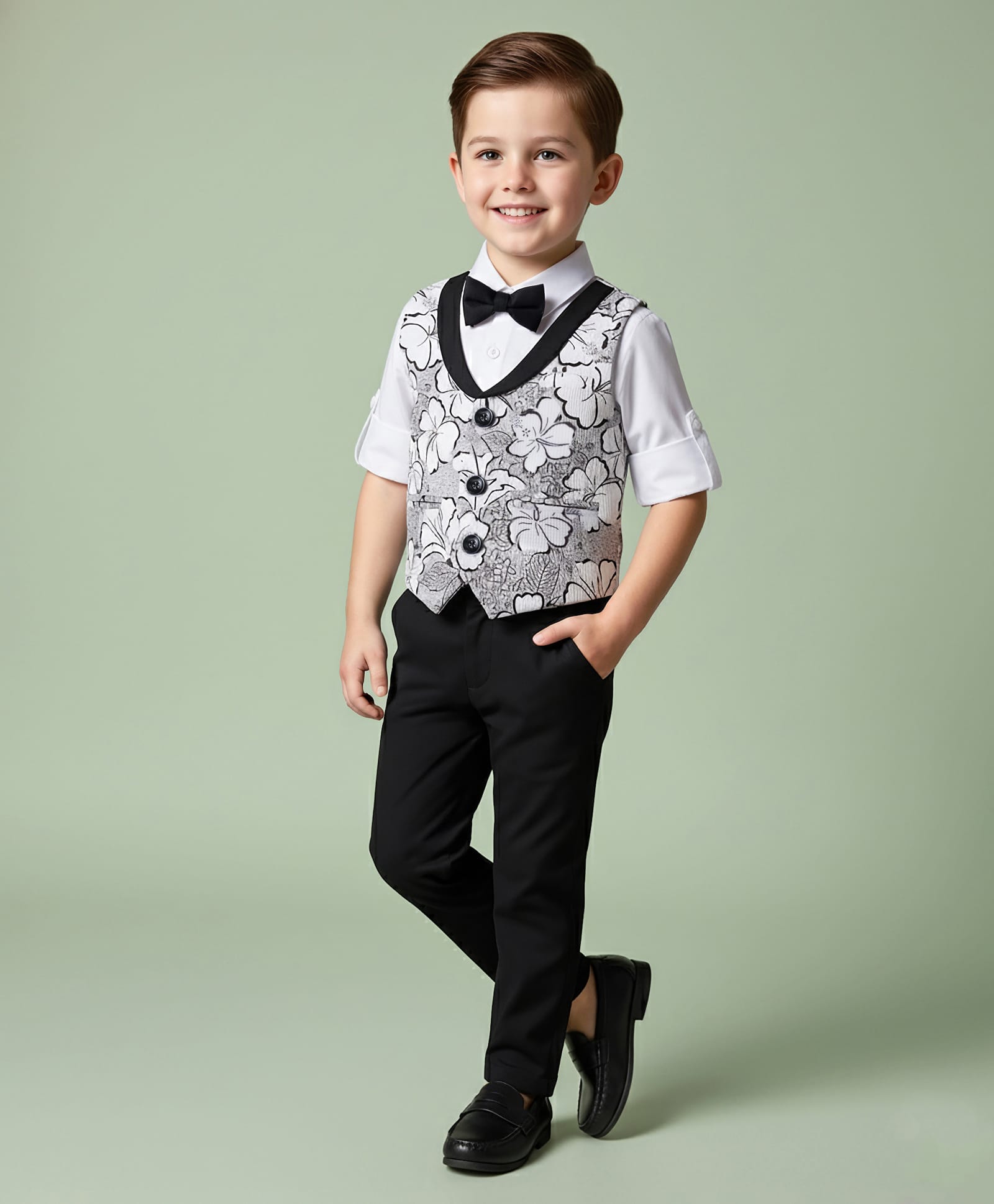 Mark & Mia Woven Full Sleeves 3 Piece Party Suit with Bow Detailing with Floral Print - White & Black-picture-27