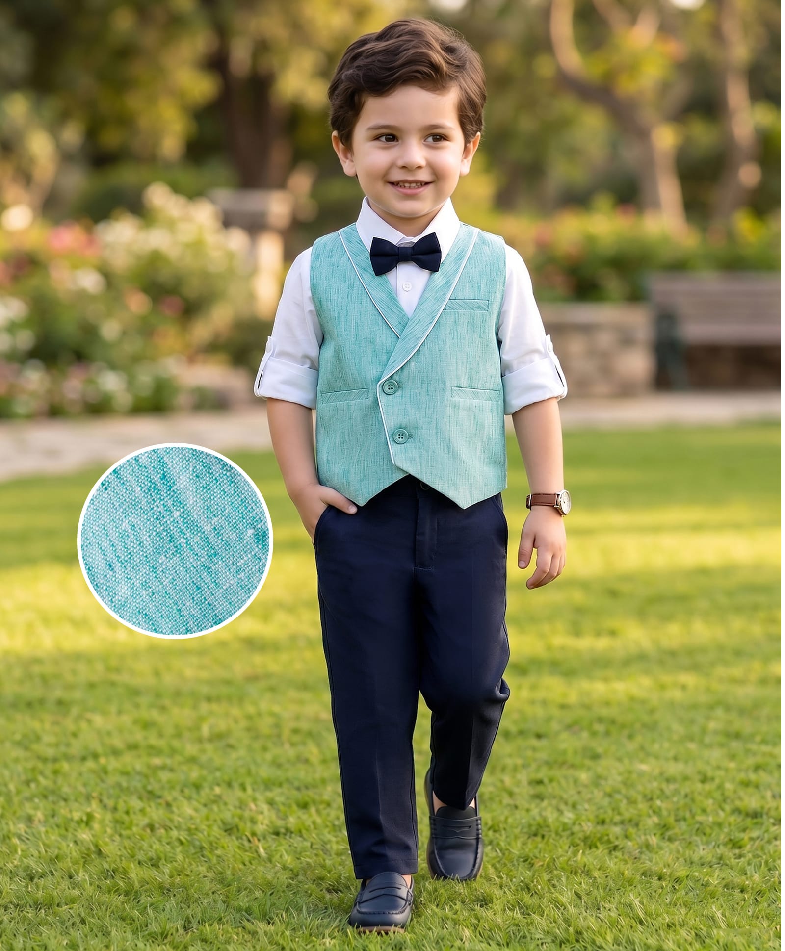 Mark & Mia Cotton Woven Full Sleeves Solid 3 Piece Party Suit With Bow - Sea Green & White-picture-17