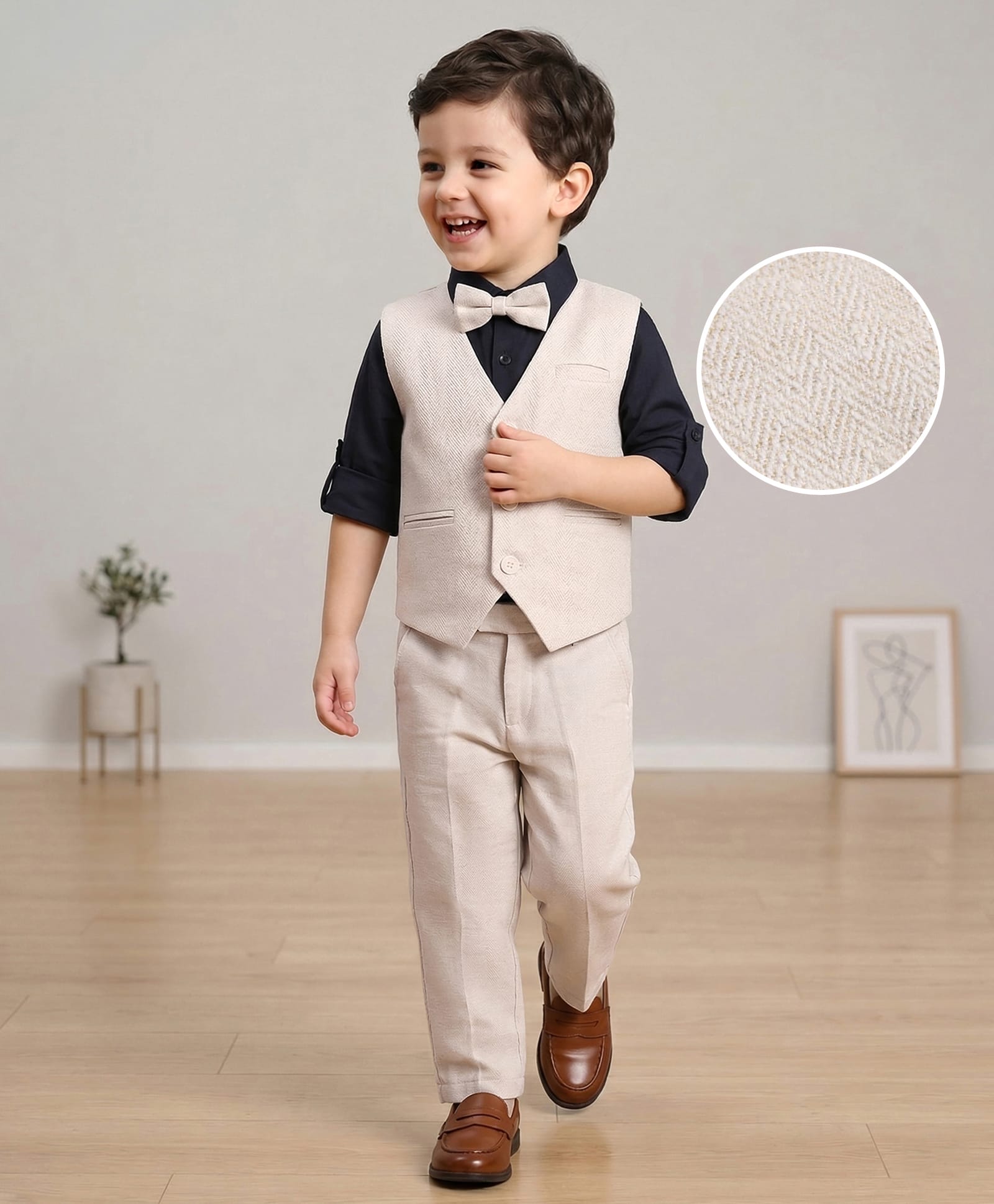 Mark & Mia Woven Full Sleeves Solid Color 3 Piece Party Suit with Bow - Beige-image-33