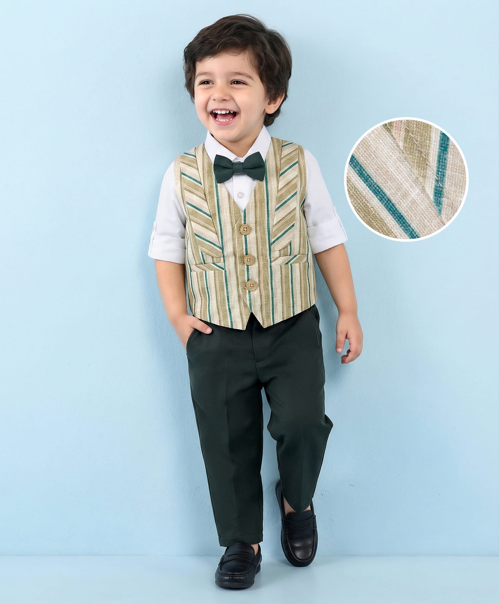 Mark & Mia Cotton Woven Full Sleeves Striped 3 Piece Party Suit With Bow - Tan & White-image-17