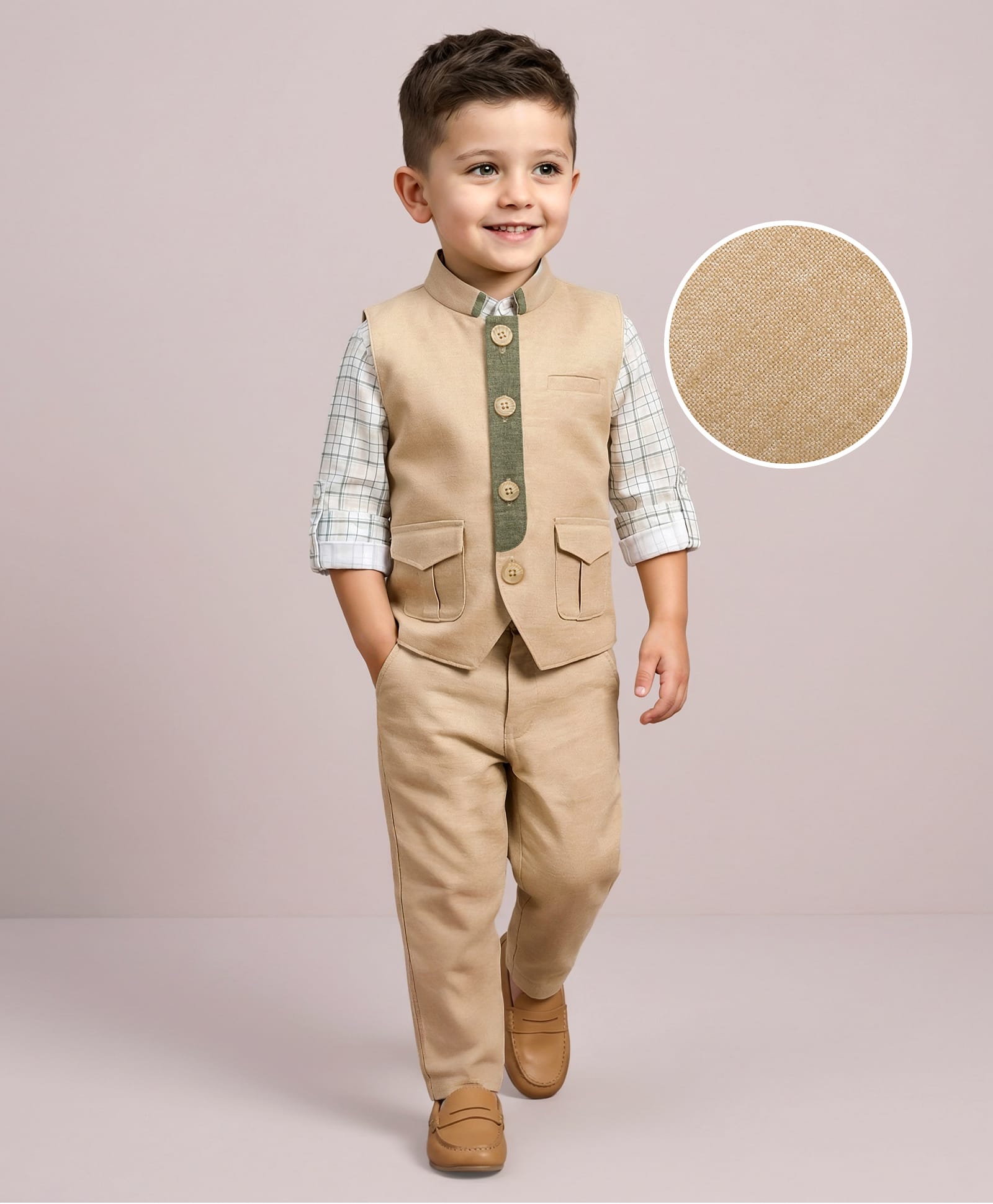 Mark & Mia Cotton Woven Full Sleeves Checks 3 Piece Party Suit With Bow - Tan-picture-15