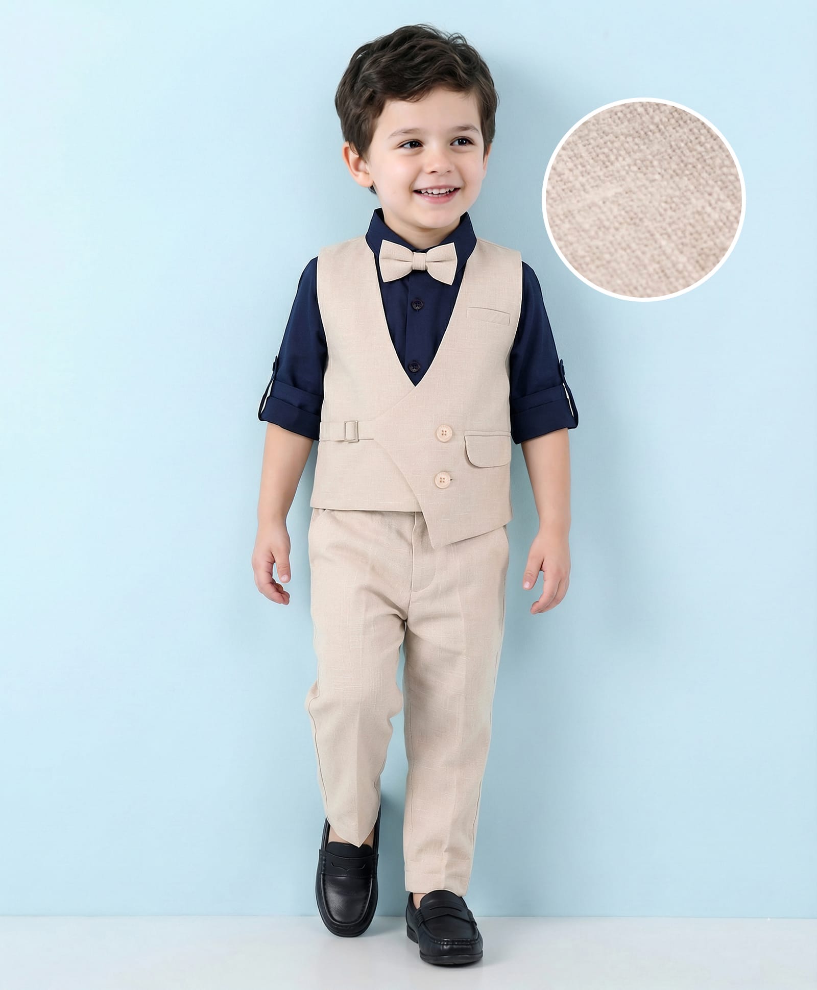 Mark & Mia Woven Full Sleeves Solid Color 3 Piece Party Suit with Bow - Beige-picture-17