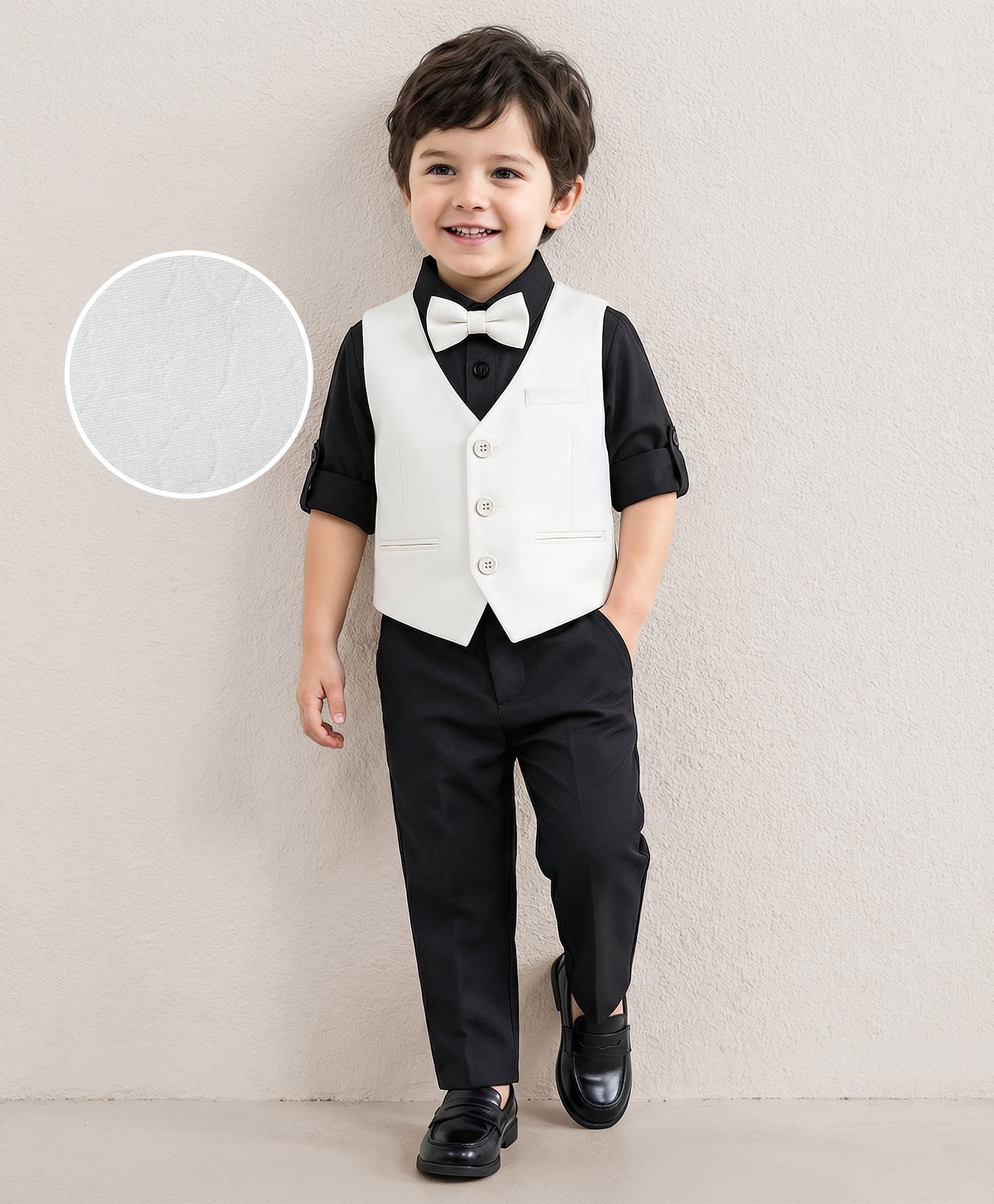 Mark & Mia Cotton Woven Full Sleeves Solid 3 Piece Party Suit With Bow - Black & White-image-34