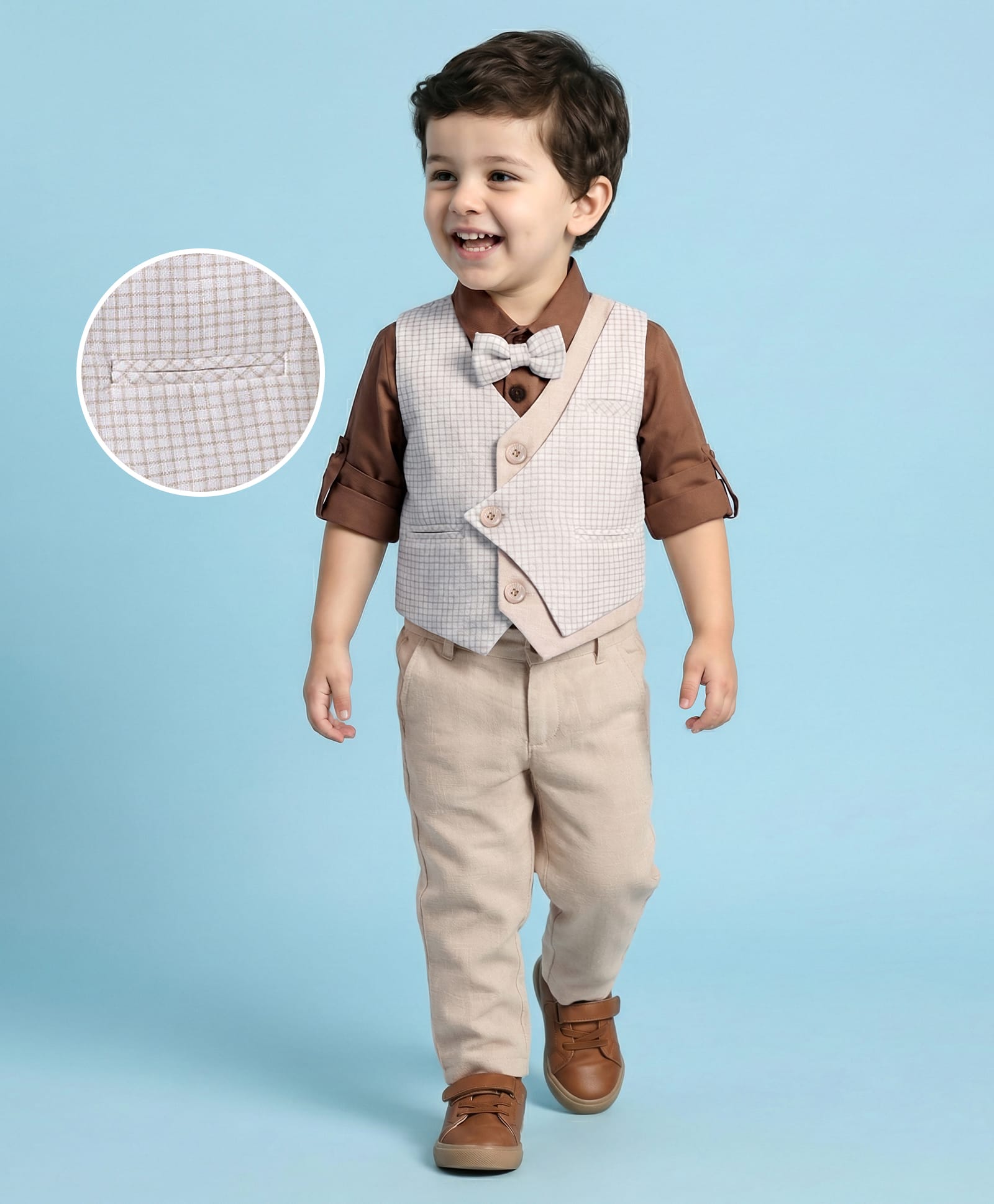 Mark & Mia Woven Full Sleeves Checks 3 Piece Party Suit With Bow - Brown-picture-11