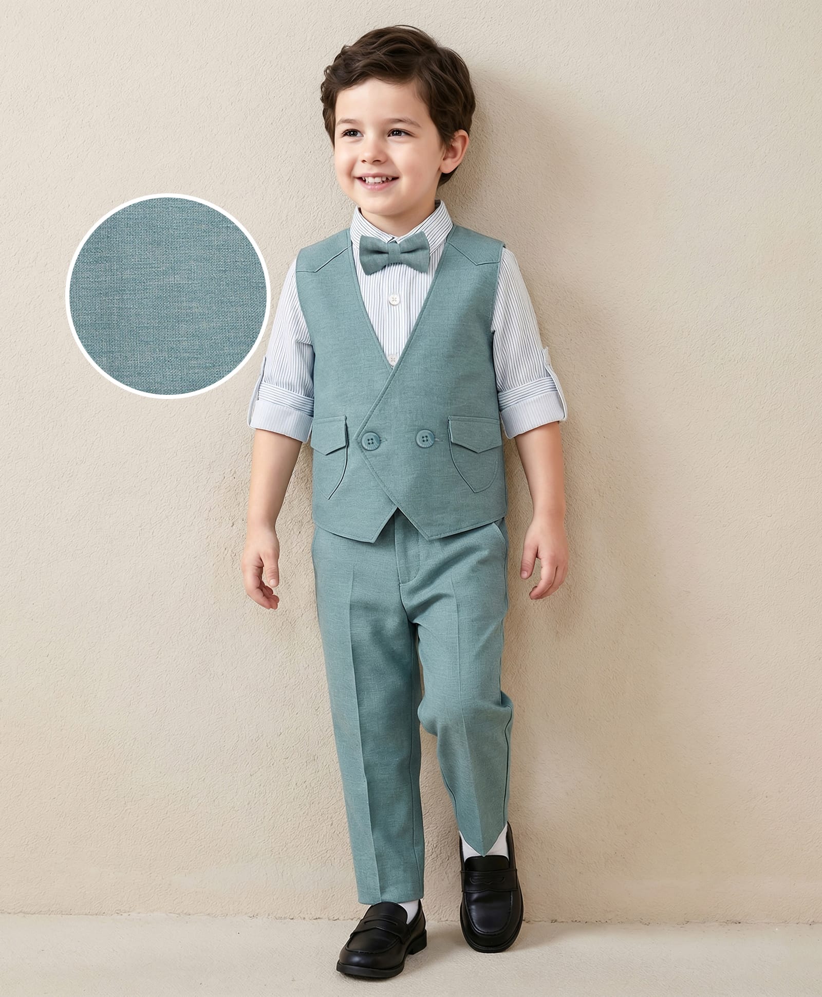 Mark & Mia Cotton Woven Full Sleeves Striped 3 Piece Party Suit With Bow - Sea Green-picture-41