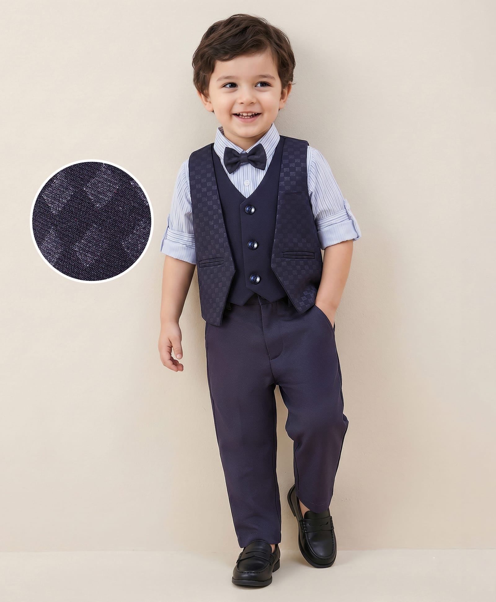 Mark & Mia Woven Full Sleeves 3 Piece Party Suit with Bow Detailing with Check - Navy Blue & Blue-picture-25
