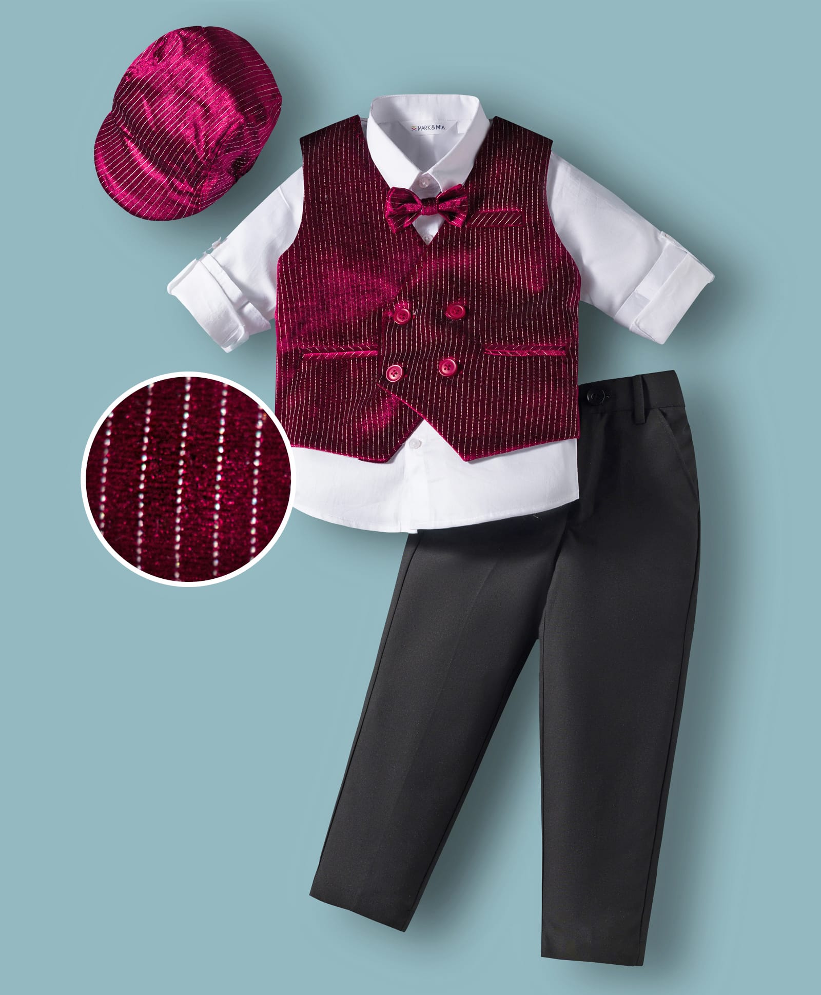 Mark & Mia Cotton Woven Full Sleeves Striped 3 Piece Party Suit With Bow & Cap - Wine-picture-18