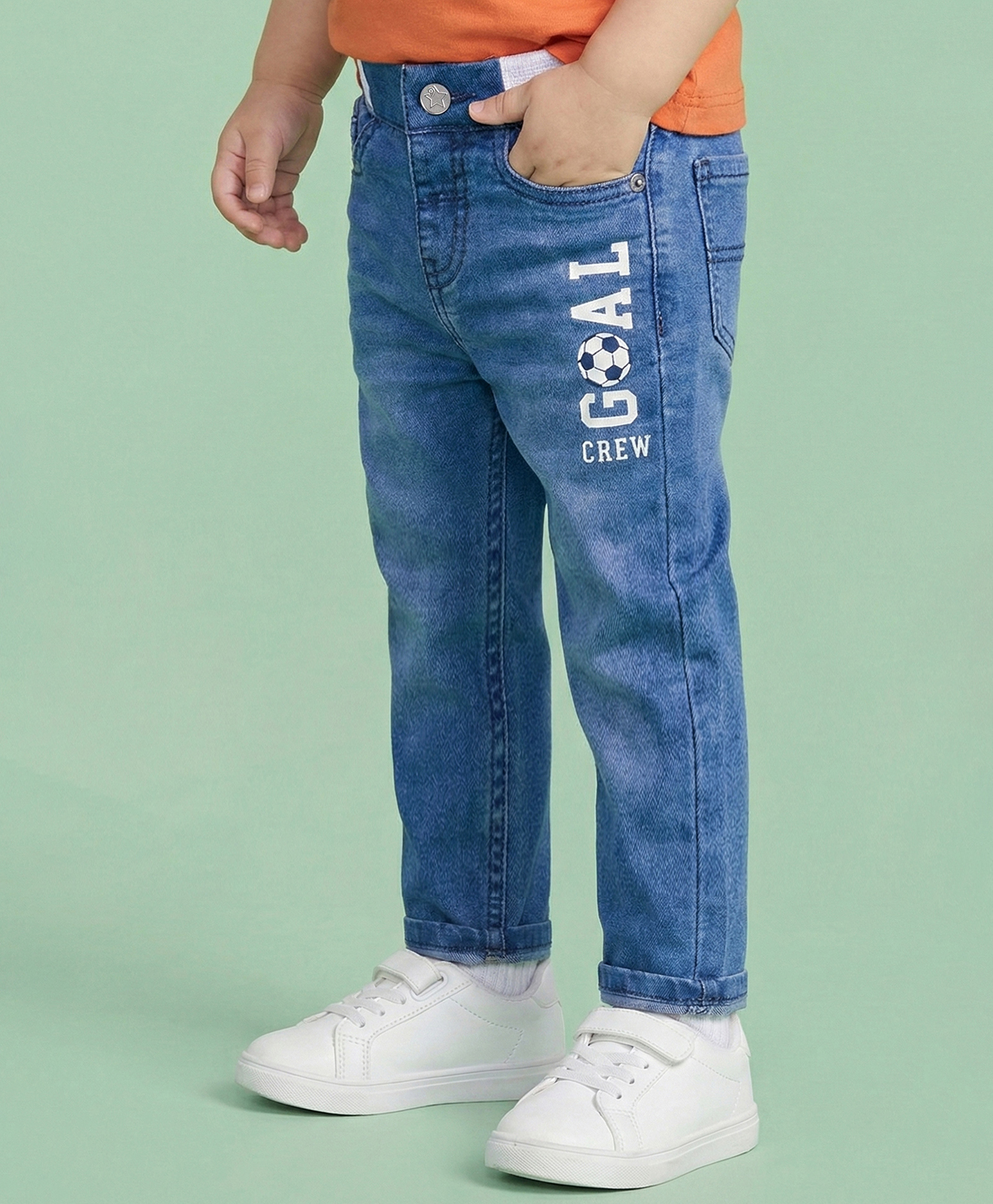Babyhug Denim Full Length Jeans With Stretch & Text Print - Blue-picture-21