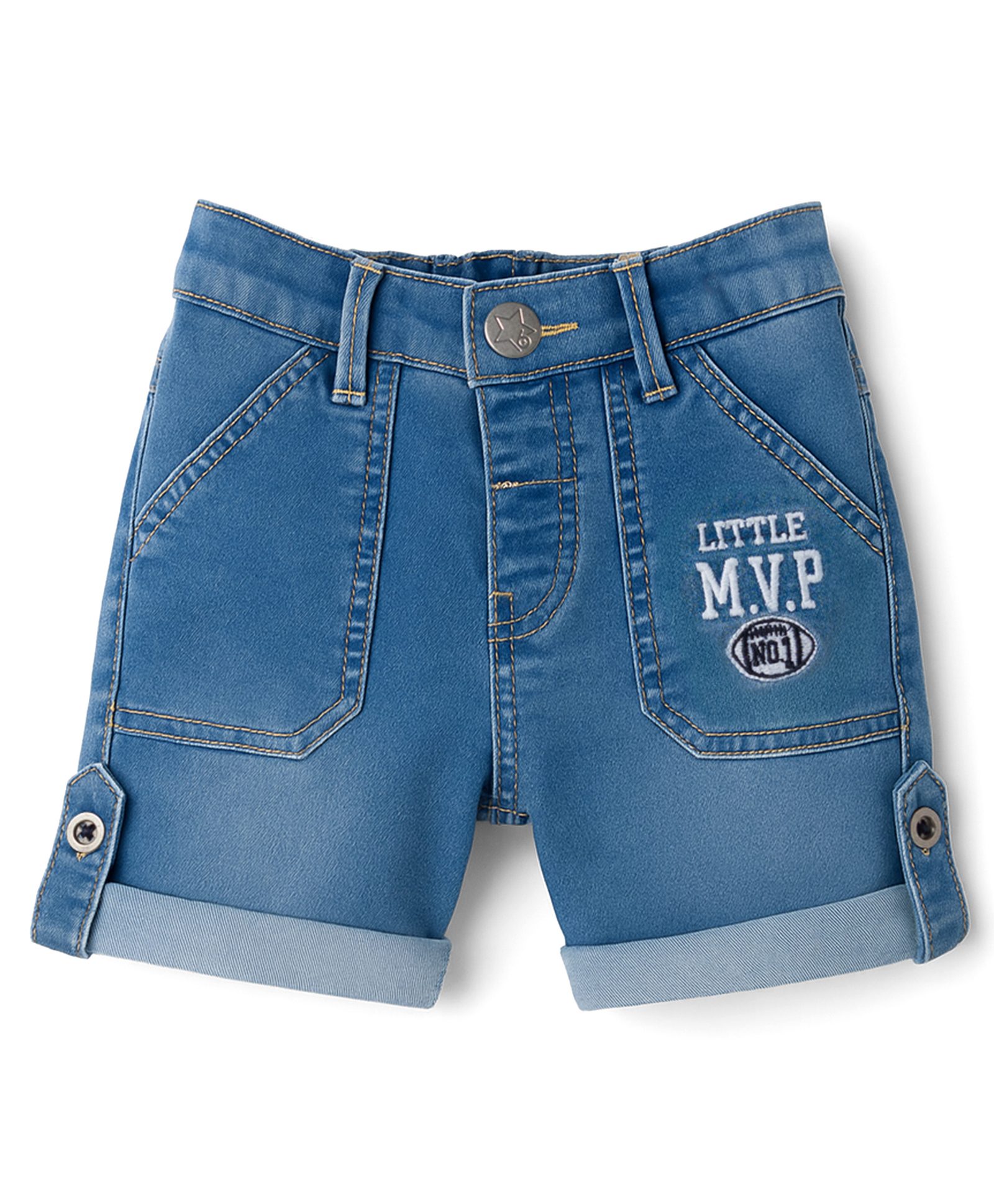 Babyhug Denim Mid Thigh Washed Shorts With Stretch & Text Embroidery -