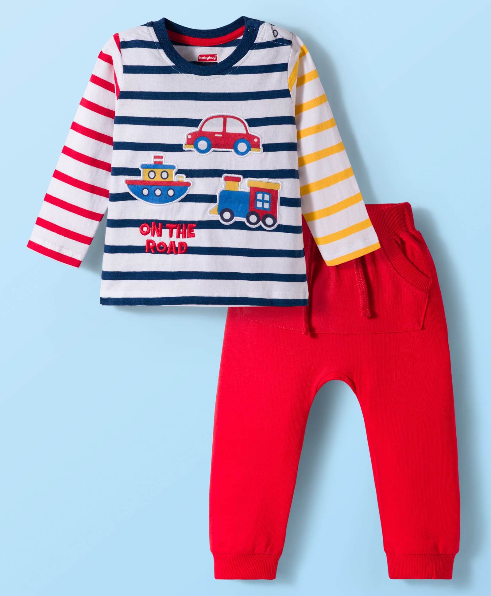 Babyhug Single Jersey Knit Full Sleeves Striped T-Shirt & Lounge Pant Set with Vehicle Patch Detailing - Red-picture-12