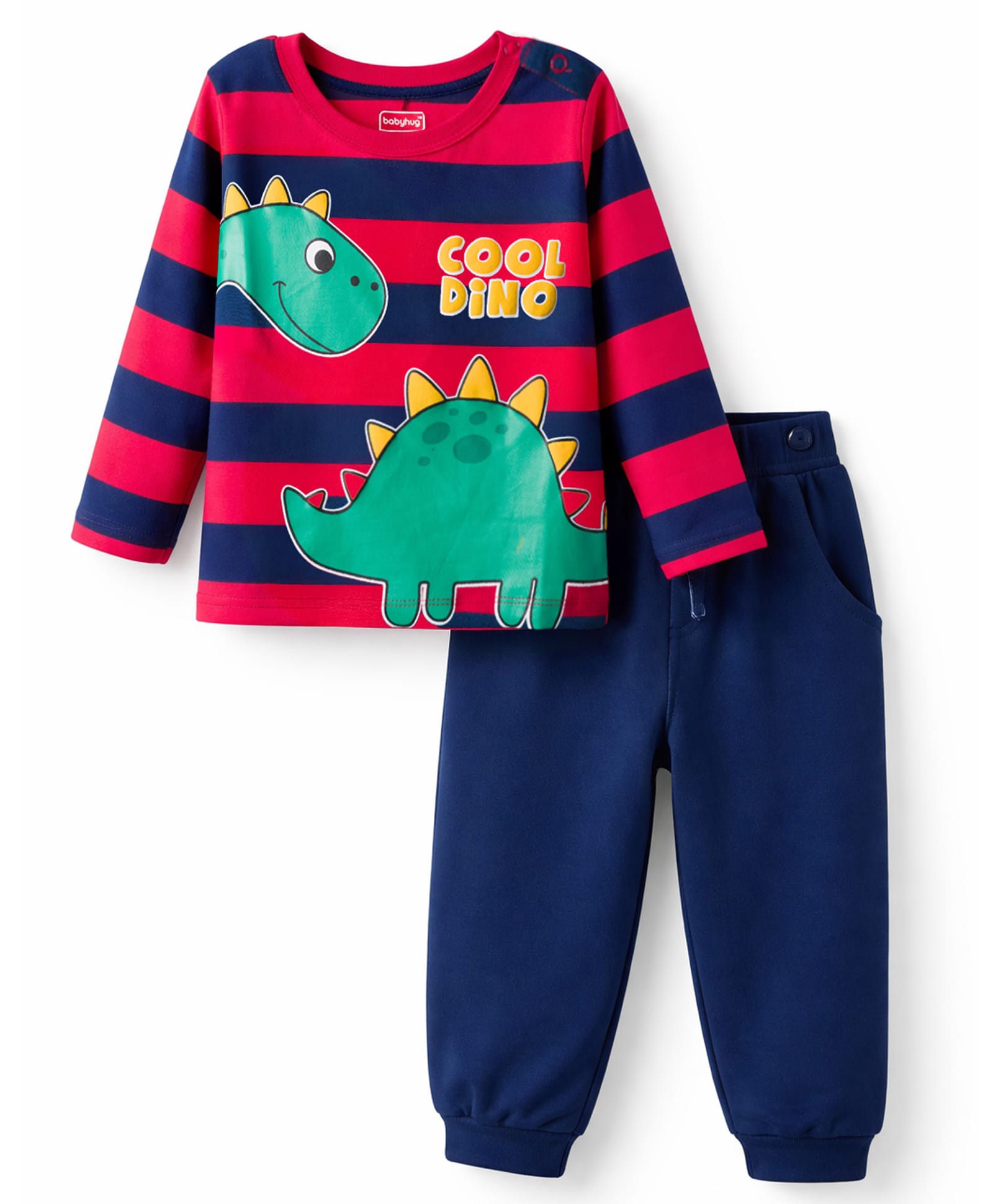 Babyhug Single Jersey Knit Full Sleeves Striped T-Shirt & Lounge Pant Set with Dino Graphic - Navy Blue & Red-picture-19
