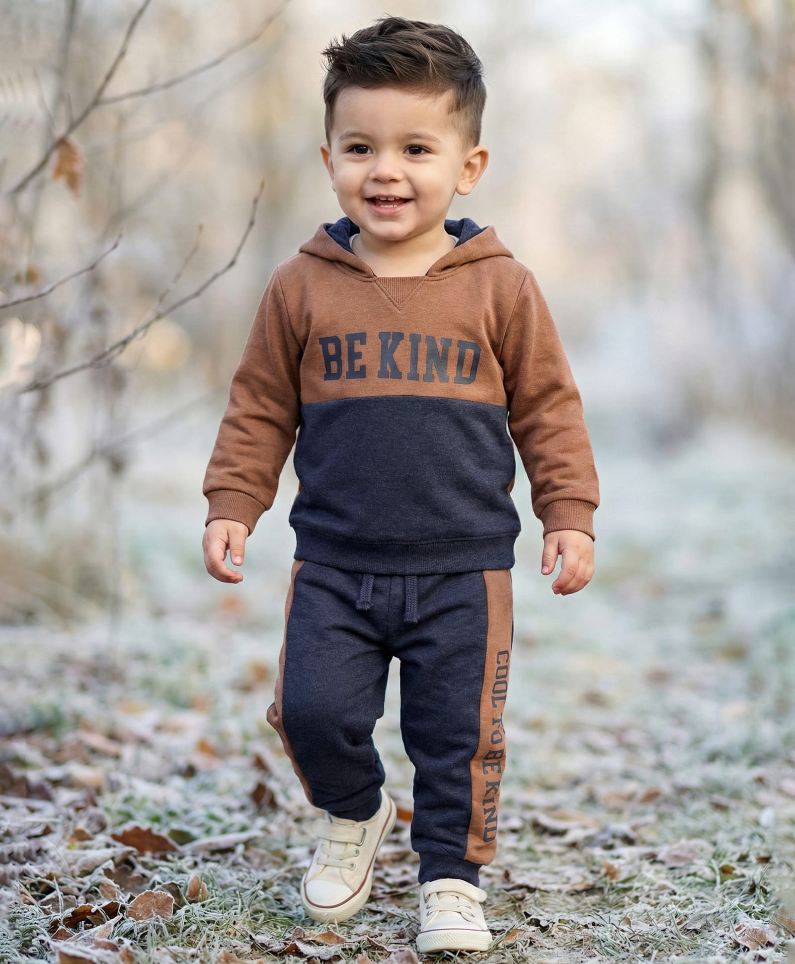 Babyhug Single Jersey Knit Full Sleeves Hooded T-Shirt & Lounge Pant Set With Be Kind Print - Navy Blue-picture-29