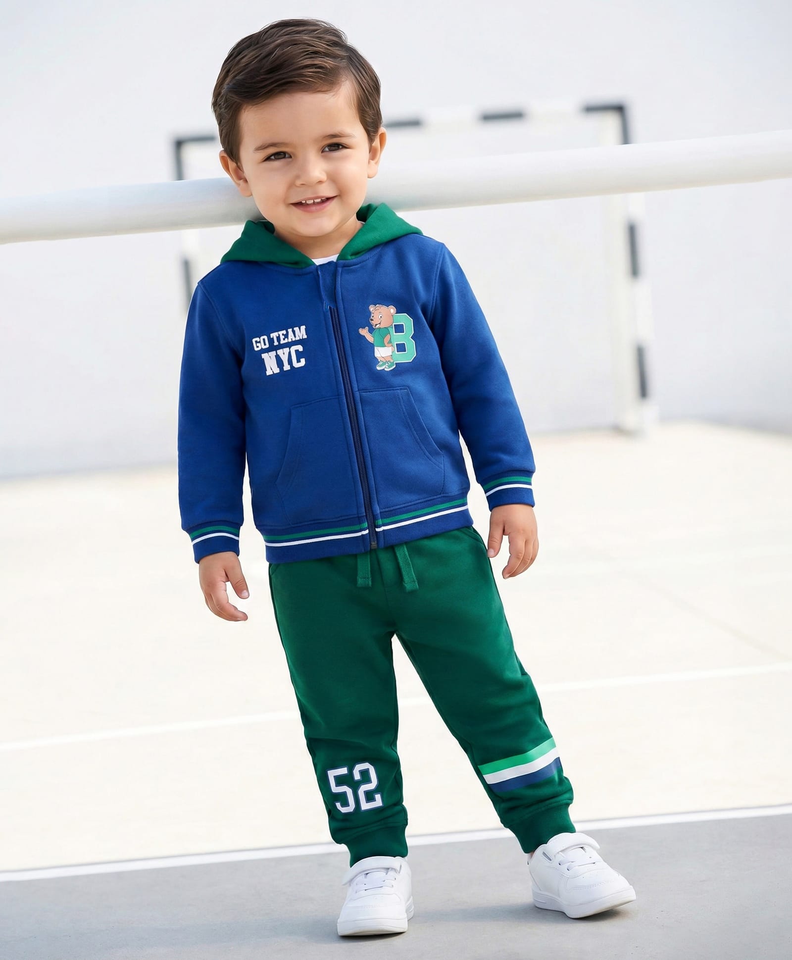 Babyhug Terry Knit Full Sleeves Hooded Sweatjacket & Lounge Pant Set With Teddy Bear Print & Kangaroo Pockets - Navy Blue & Green-image-6