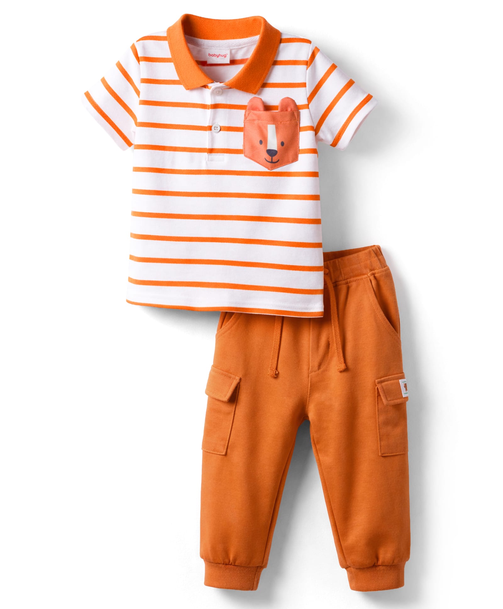 Babyhug Single Jersey Knit Half Sleeves Striped Polo T-Shirt & Lounge Pant Set - Orange & White-picture-10
