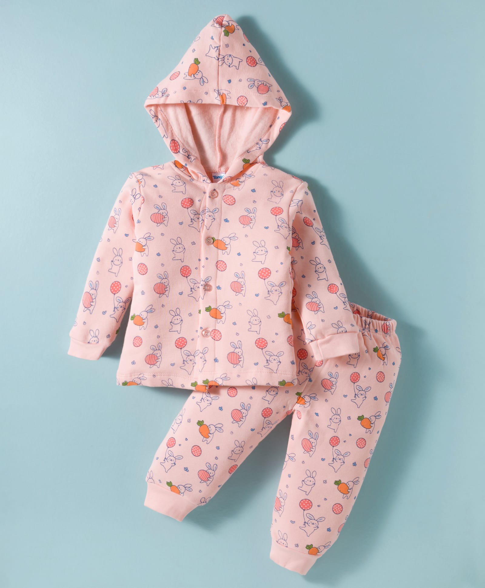 Tango Knit Full Sleeves Winter Wear Hooded Co-ords Night Suit With Animal Print - Pink