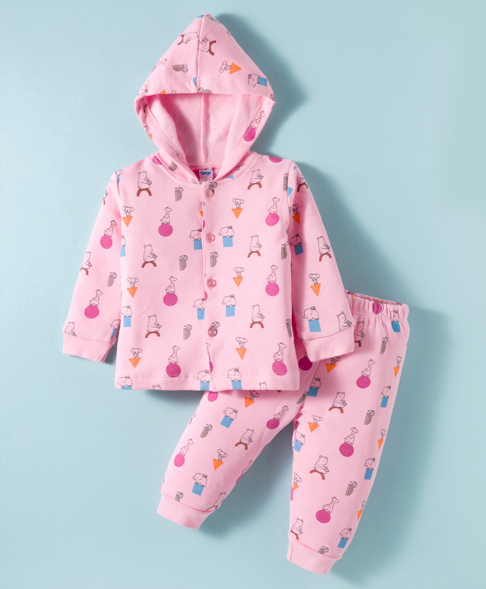Tango Fleece Knit Full Sleeves Hooded Co-ord Winter Night Suit With Animal Print - Pink