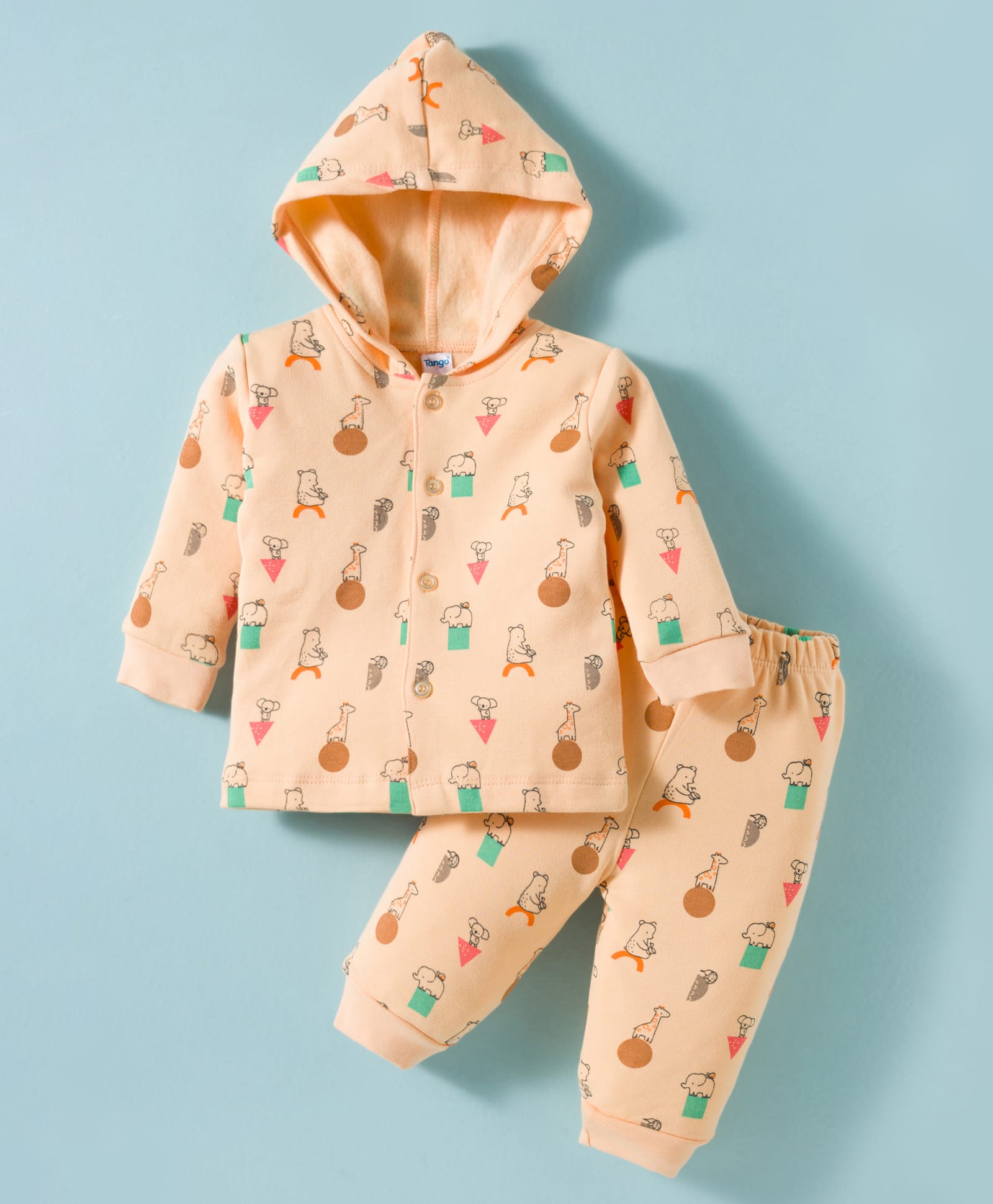 Tango Fleece Knit Full Sleeves Hooded Co-ord Winter Night Suit With Animal Print - Peach-image-16