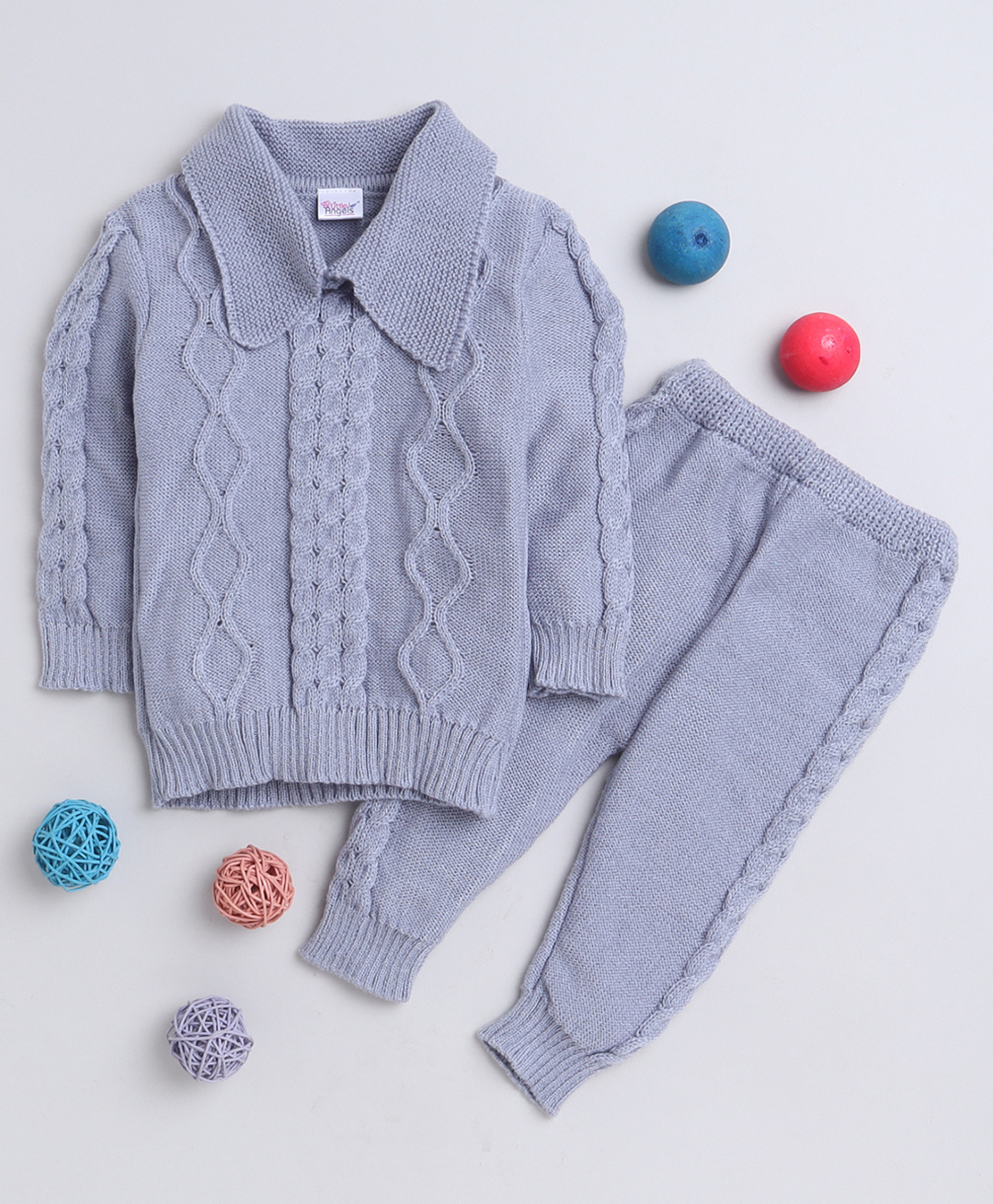 Little Angels Woollen Knit Full Sleeves Cable Designed Pullover With Pants Set - Grey-picture-12