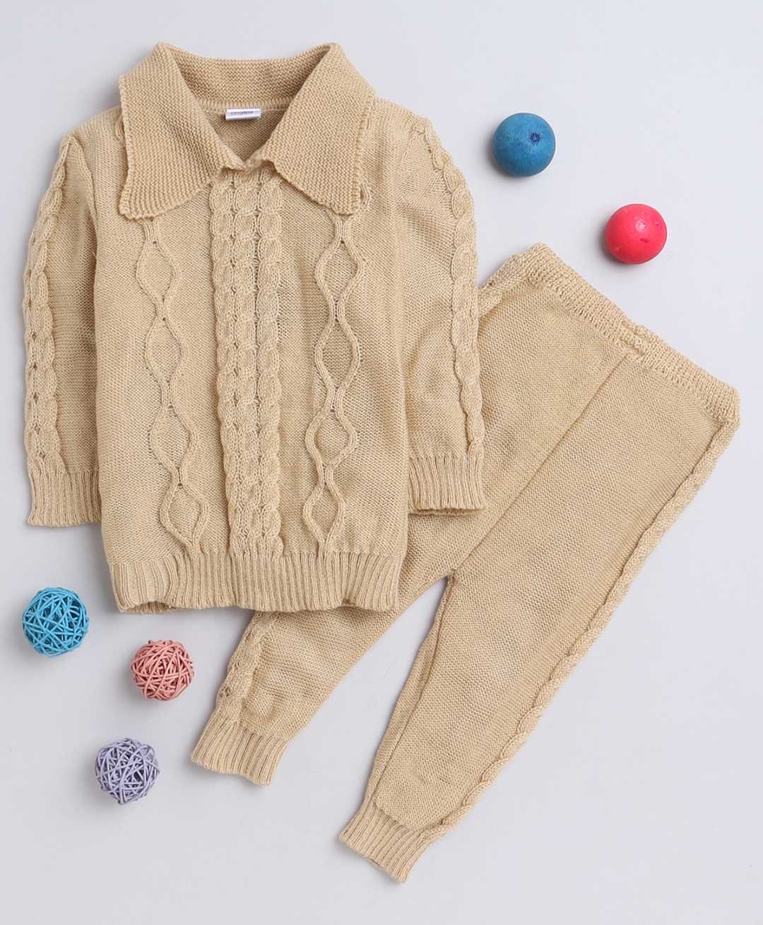 Little Angels Woollen Knit Full Sleeves Cable Designed Pullover With Pants Set - Beige-picture-24