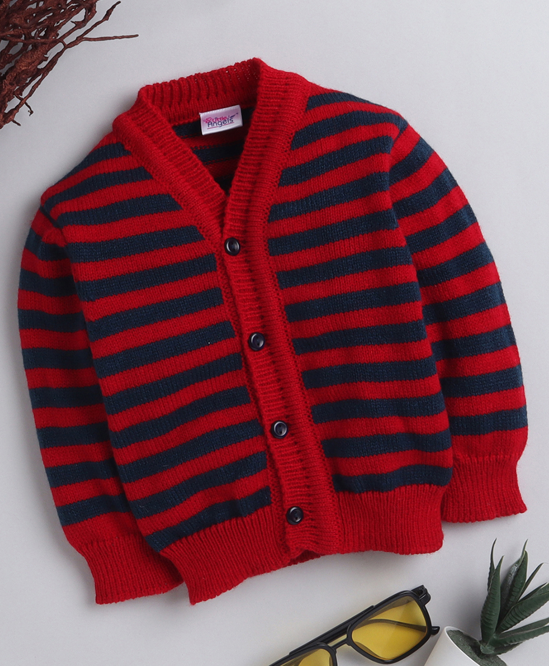 Little Angels Woollen Knit Full Sleeves Striped Cardigan - Red & Navy Blue-image-32